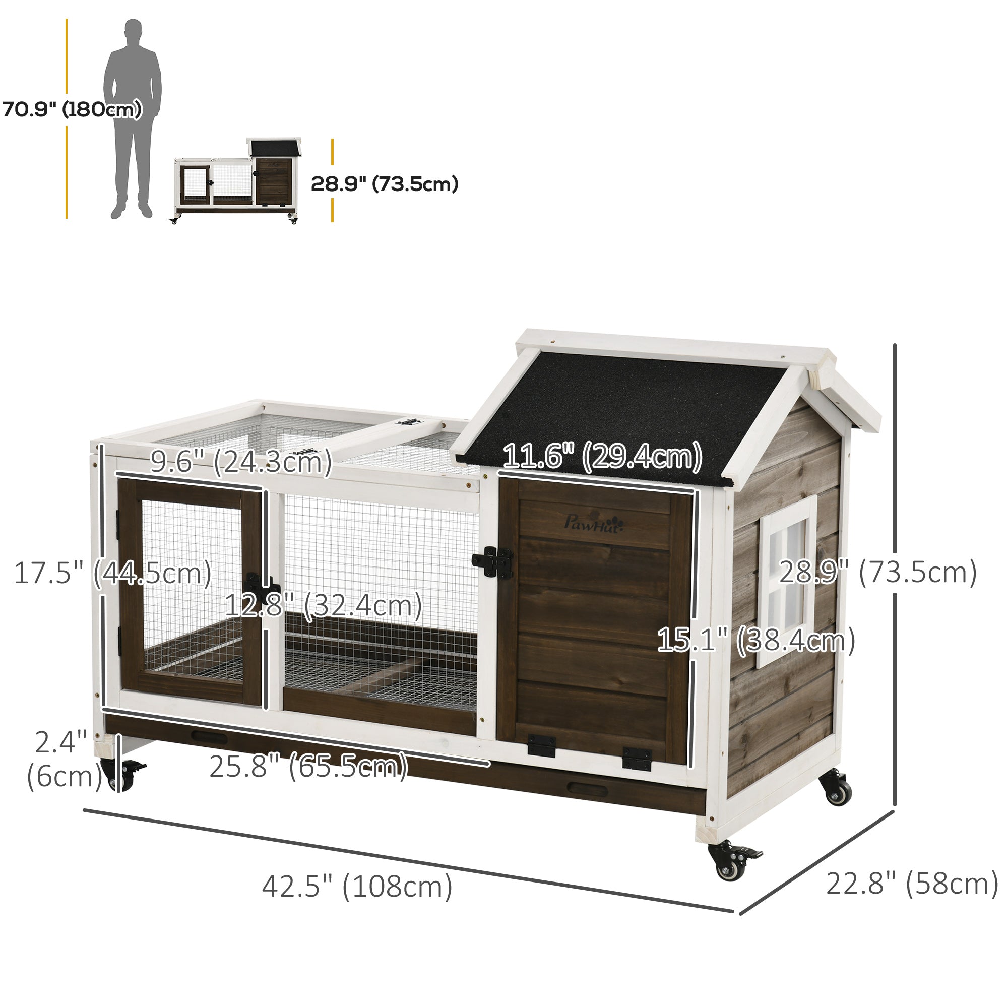 PawHut  Indoor Rabbit Hutch with Wheels, Bunny Cage with Ramp, Run, Pull Out Tray, Suitable for Rabbit, Guinea Pig, Coffee