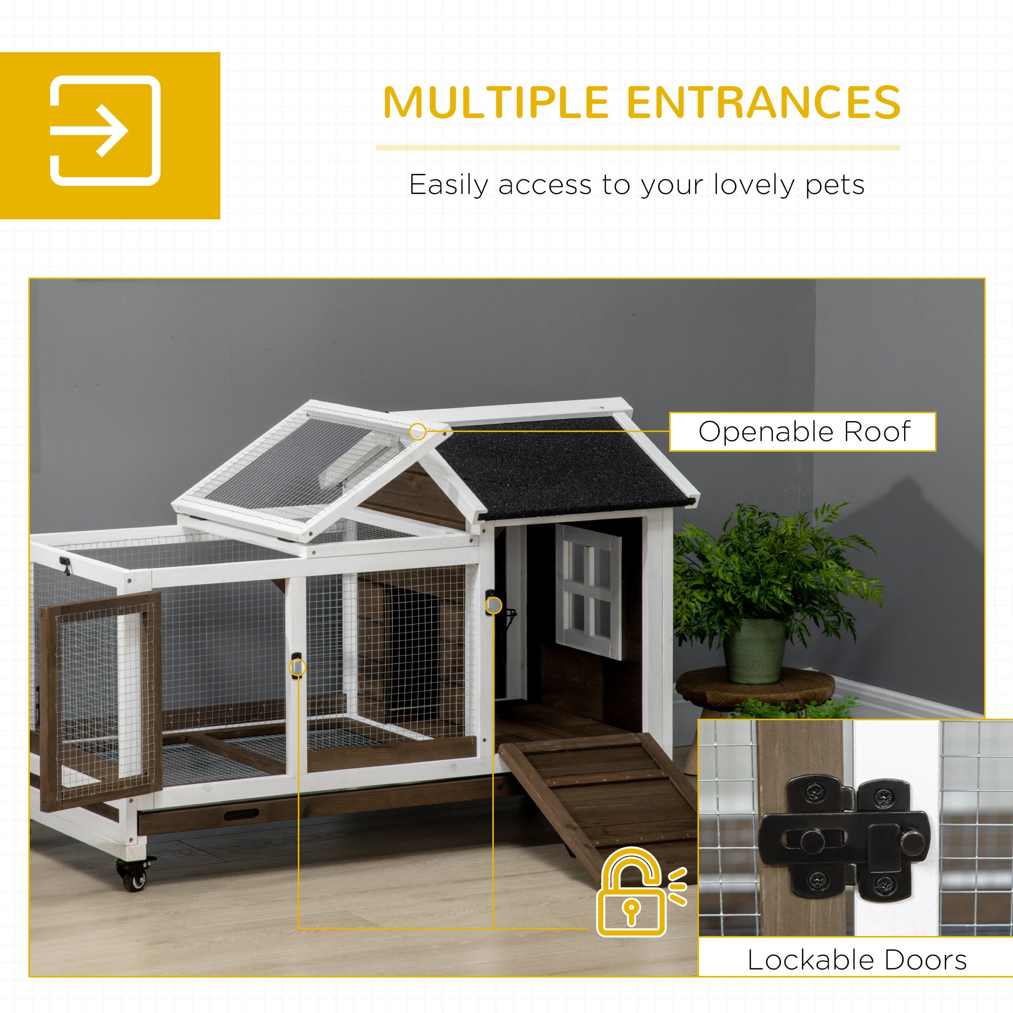 PawHut  Indoor Rabbit Hutch with Wheels, Bunny Cage with Ramp, Run, Pull Out Tray, Suitable for Rabbit, Guinea Pig, Coffee
