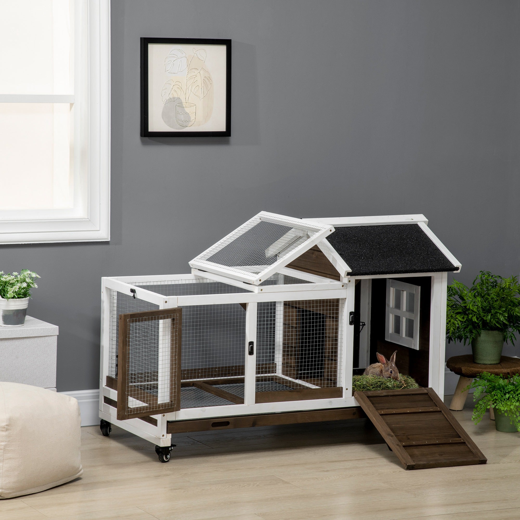 PawHut  Indoor Rabbit Hutch with Wheels, Bunny Cage with Ramp, Run, Pull Out Tray, Suitable for Rabbit, Guinea Pig, Coffee