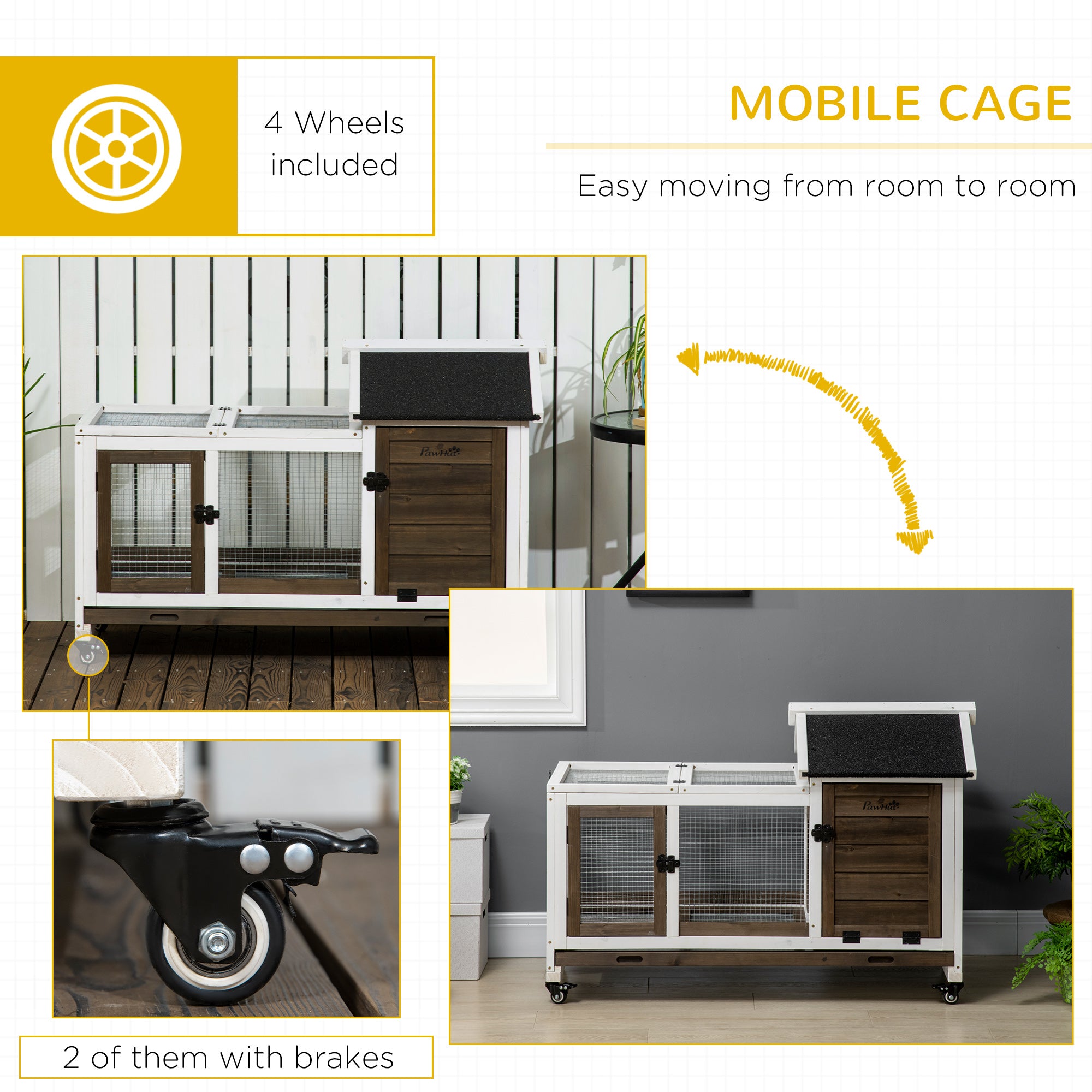 PawHut  Indoor Rabbit Hutch with Wheels, Bunny Cage with Ramp, Run, Pull Out Tray, Suitable for Rabbit, Guinea Pig, Coffee