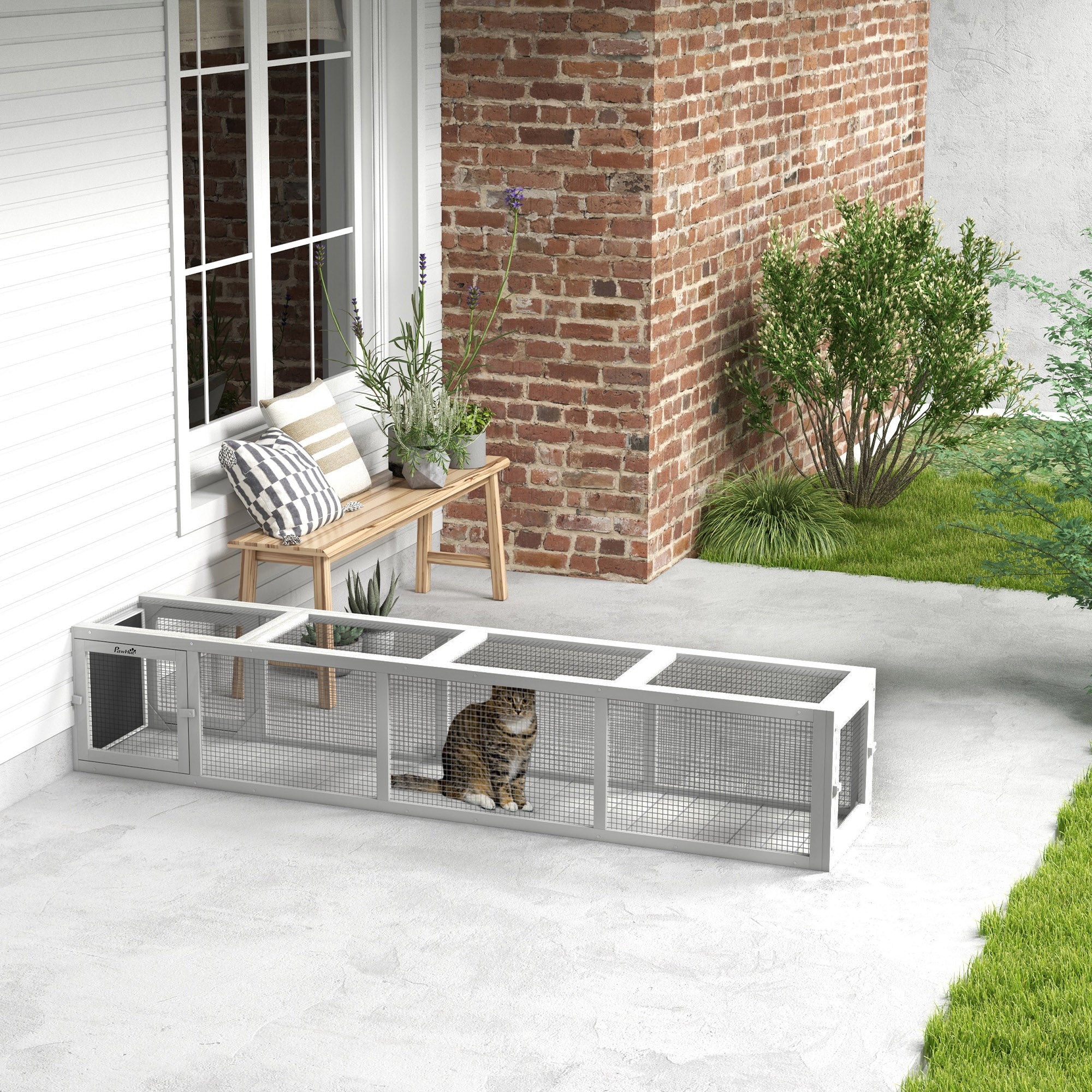 PawHut Outdoor Cat Tunnel with Extendable Design, 79" L Wooden Cat Run with Weather Protection, Connecting Inside and Outside, for Deck Patios, Balconies, White