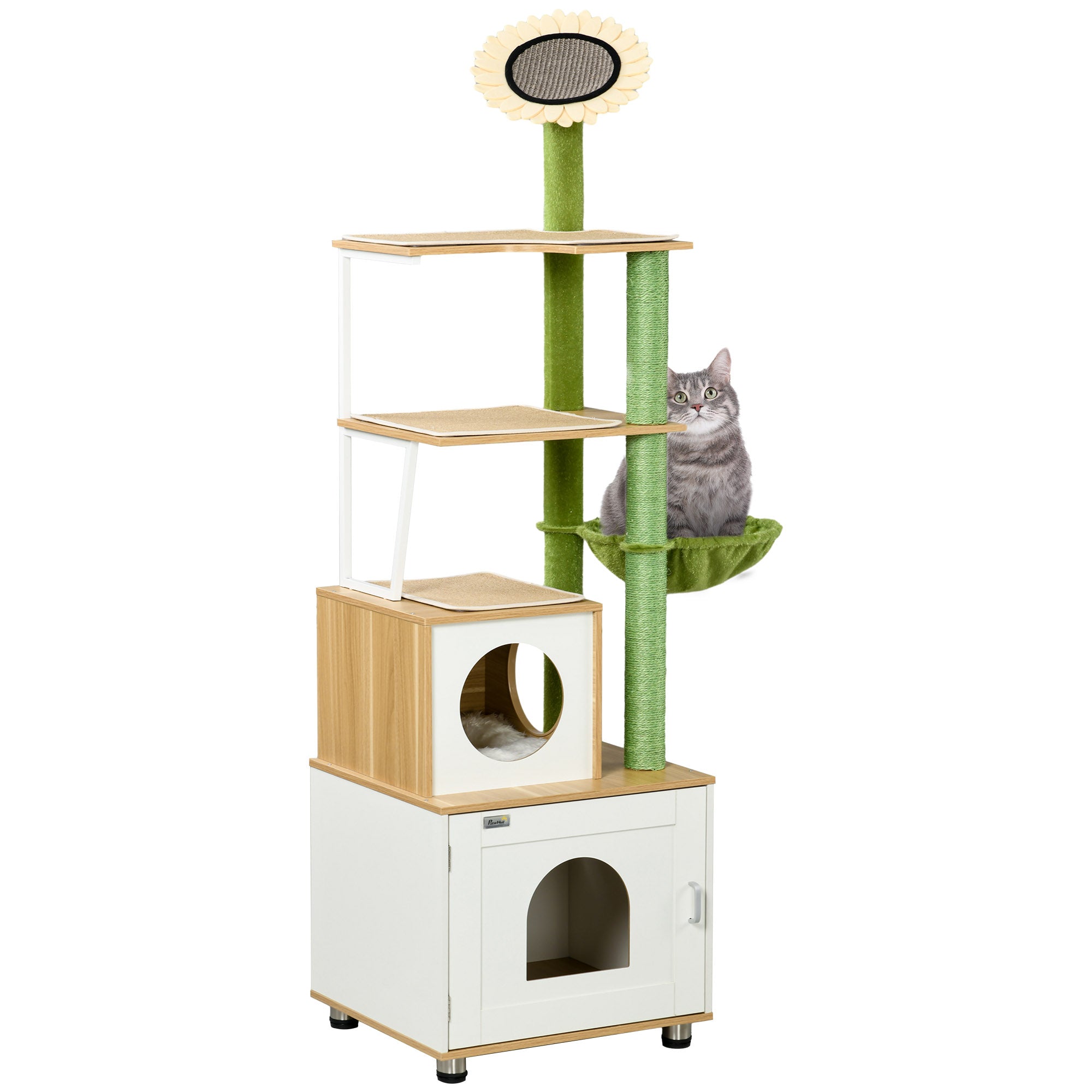 PawHut Cat Tree with Cat Litter Box for Indoor Cats, Cat Enclosure with Scratching Post, Cat House, Hammock, Platforms, Removable Cushions - Oak Tone