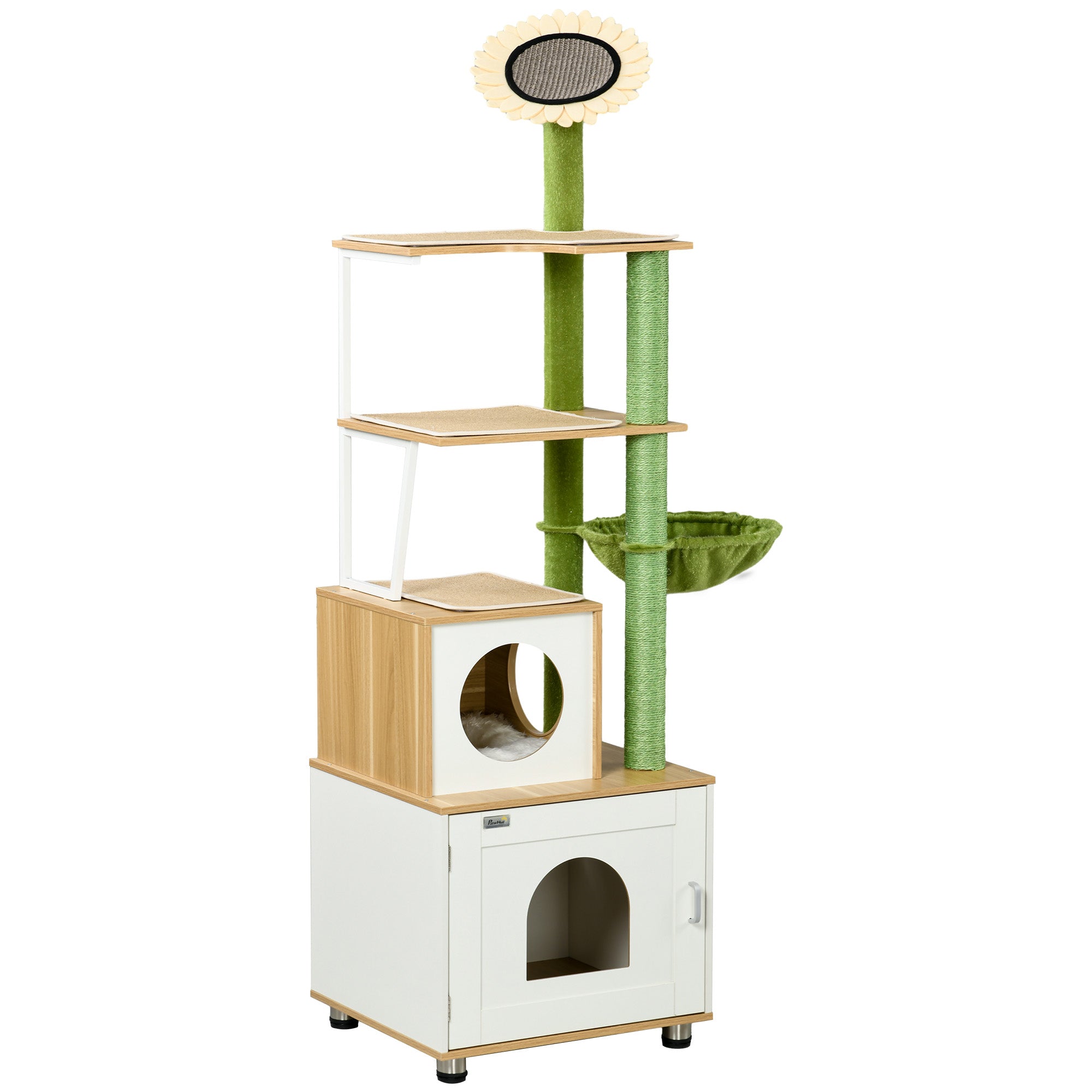 PawHut Cat Tree with Cat Litter Box for Indoor Cats, Cat Enclosure with Scratching Post, Cat House, Hammock, Platforms, Removable Cushions - Oak Tone