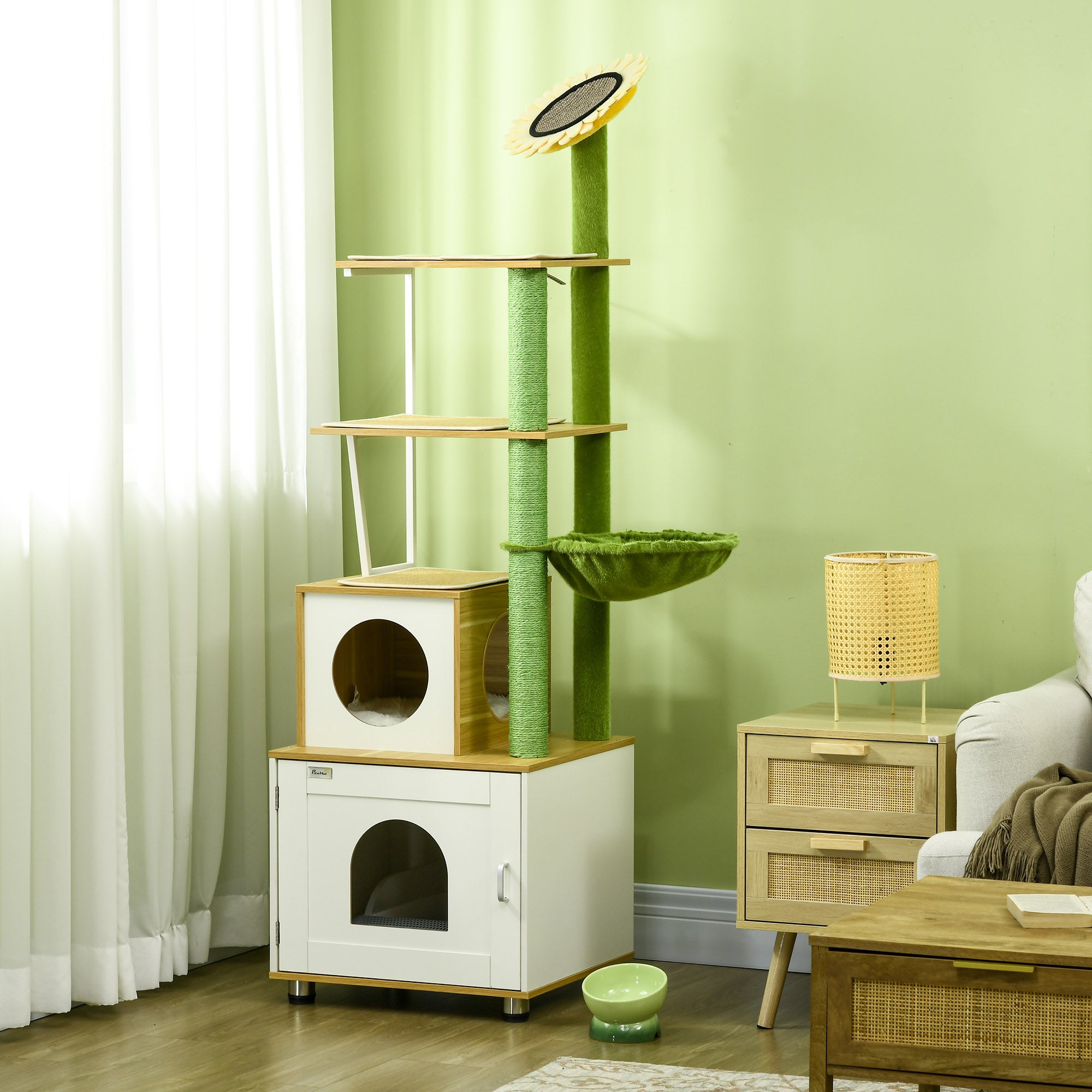 PawHut Cat Tree with Cat Litter Box for Indoor Cats, Cat Enclosure with Scratching Post, Cat House, Hammock, Platforms, Removable Cushions - Oak Tone