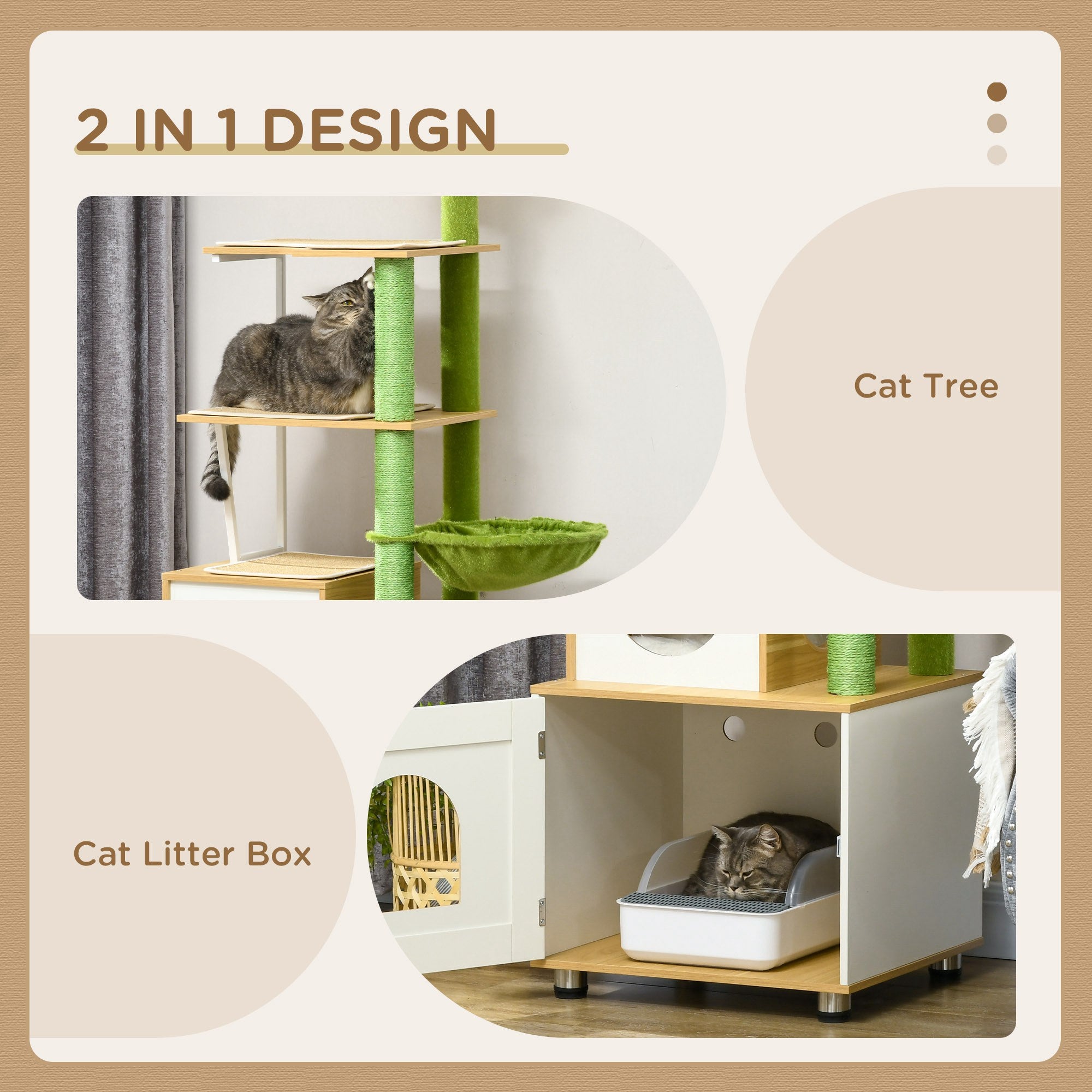 PawHut Cat Tree with Cat Litter Box for Indoor Cats, Cat Enclosure with Scratching Post, Cat House, Hammock, Platforms, Removable Cushions - Oak Tone