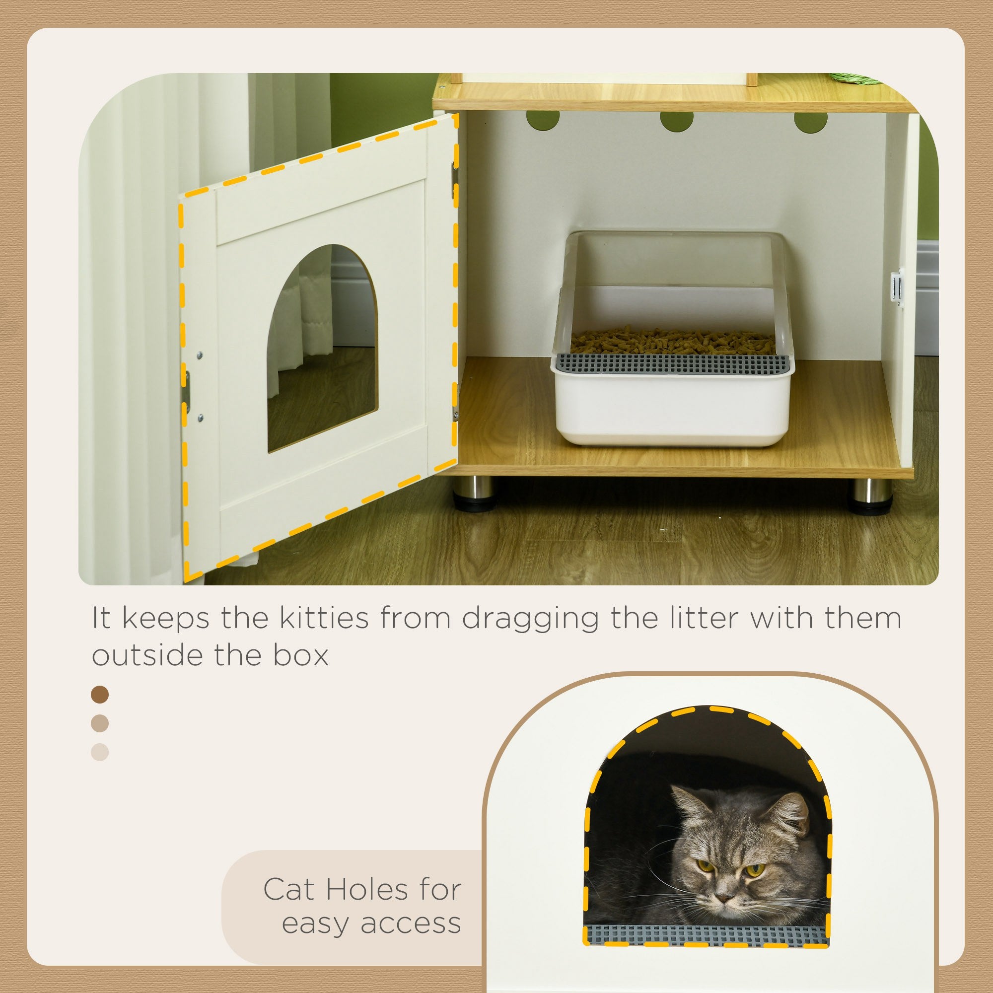 PawHut Cat Tree with Cat Litter Box for Indoor Cats, Cat Enclosure with Scratching Post, Cat House, Hammock, Platforms, Removable Cushions - Oak Tone