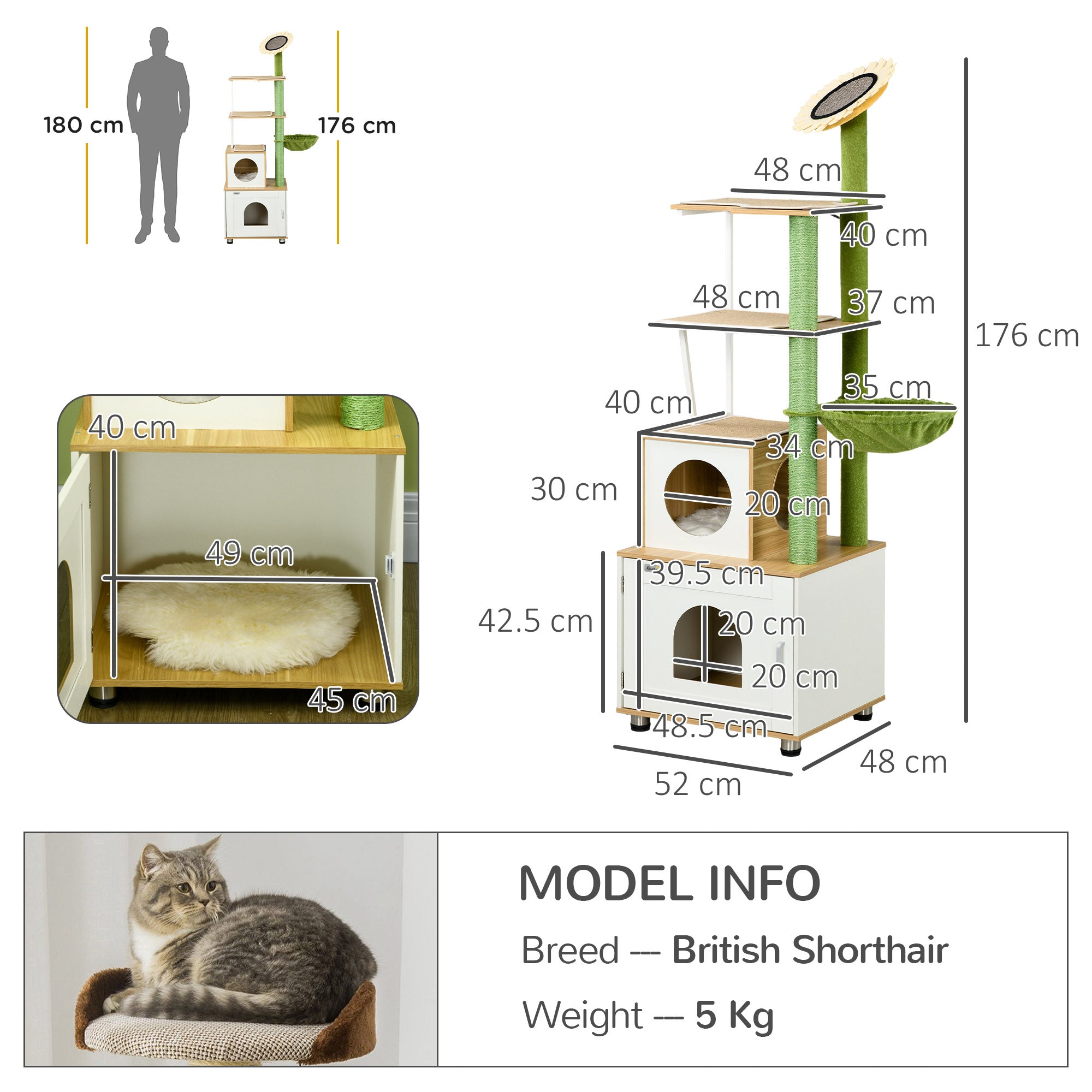 PawHut Cat Tree with Cat Litter Box for Indoor Cats, Cat Enclosure with Scratching Post, Cat House, Hammock, Platforms, Removable Cushions - Oak Tone
