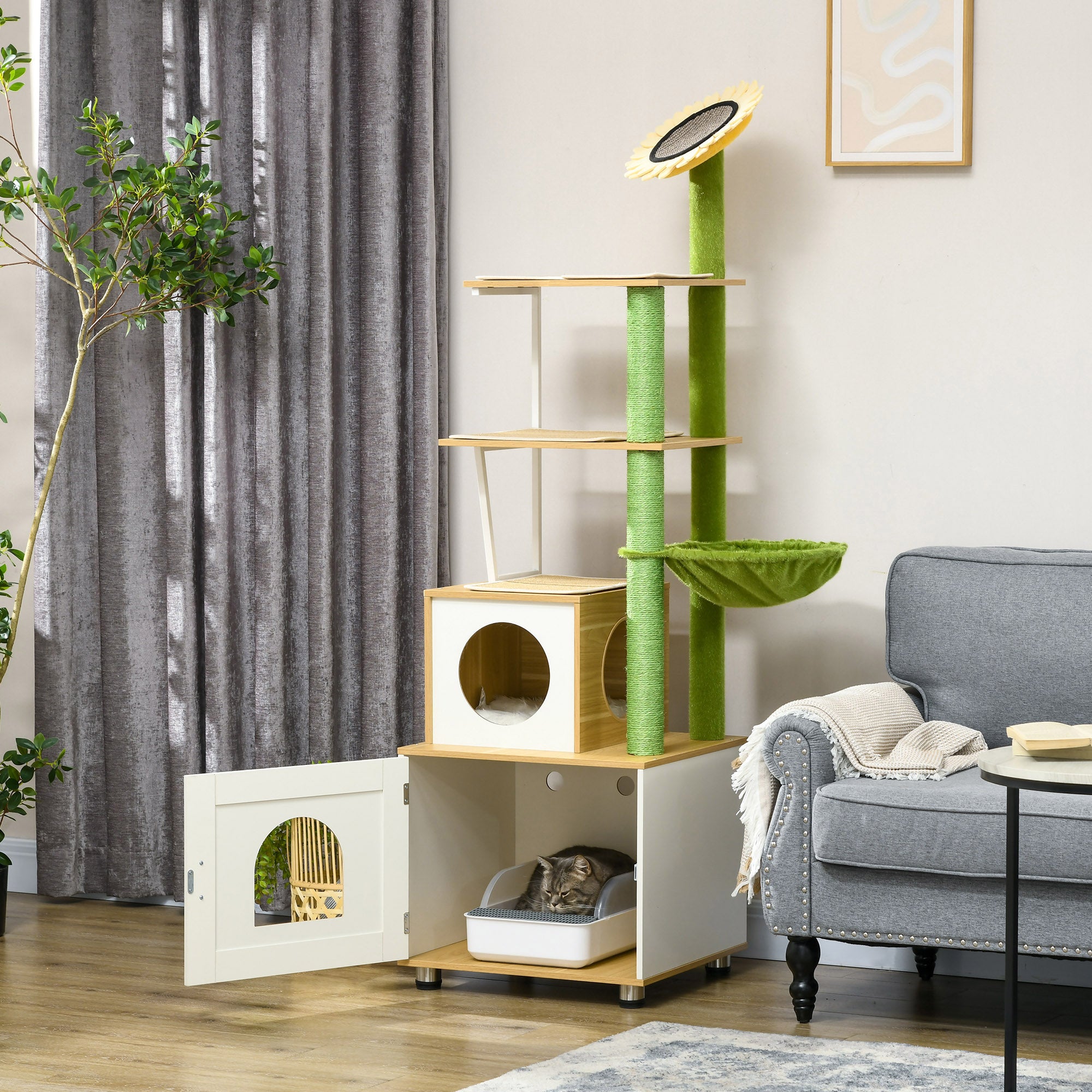 PawHut Cat Tree with Cat Litter Box for Indoor Cats, Cat Enclosure with Scratching Post, Cat House, Hammock, Platforms, Removable Cushions - Oak Tone