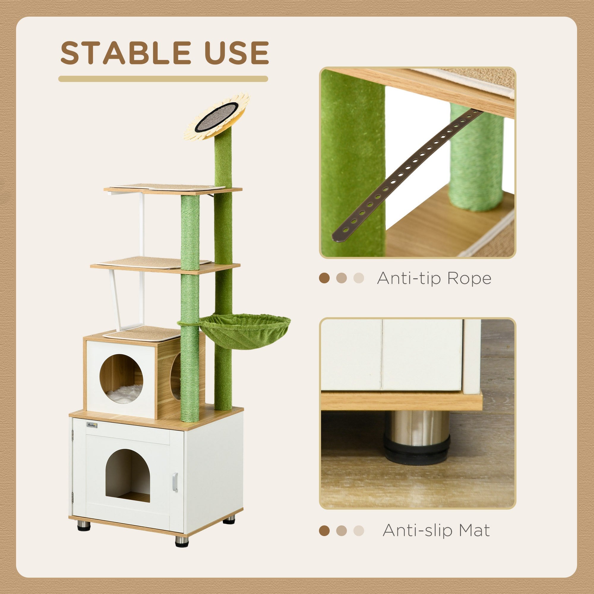 PawHut Cat Tree with Cat Litter Box for Indoor Cats, Cat Enclosure with Scratching Post, Cat House, Hammock, Platforms, Removable Cushions - Oak Tone