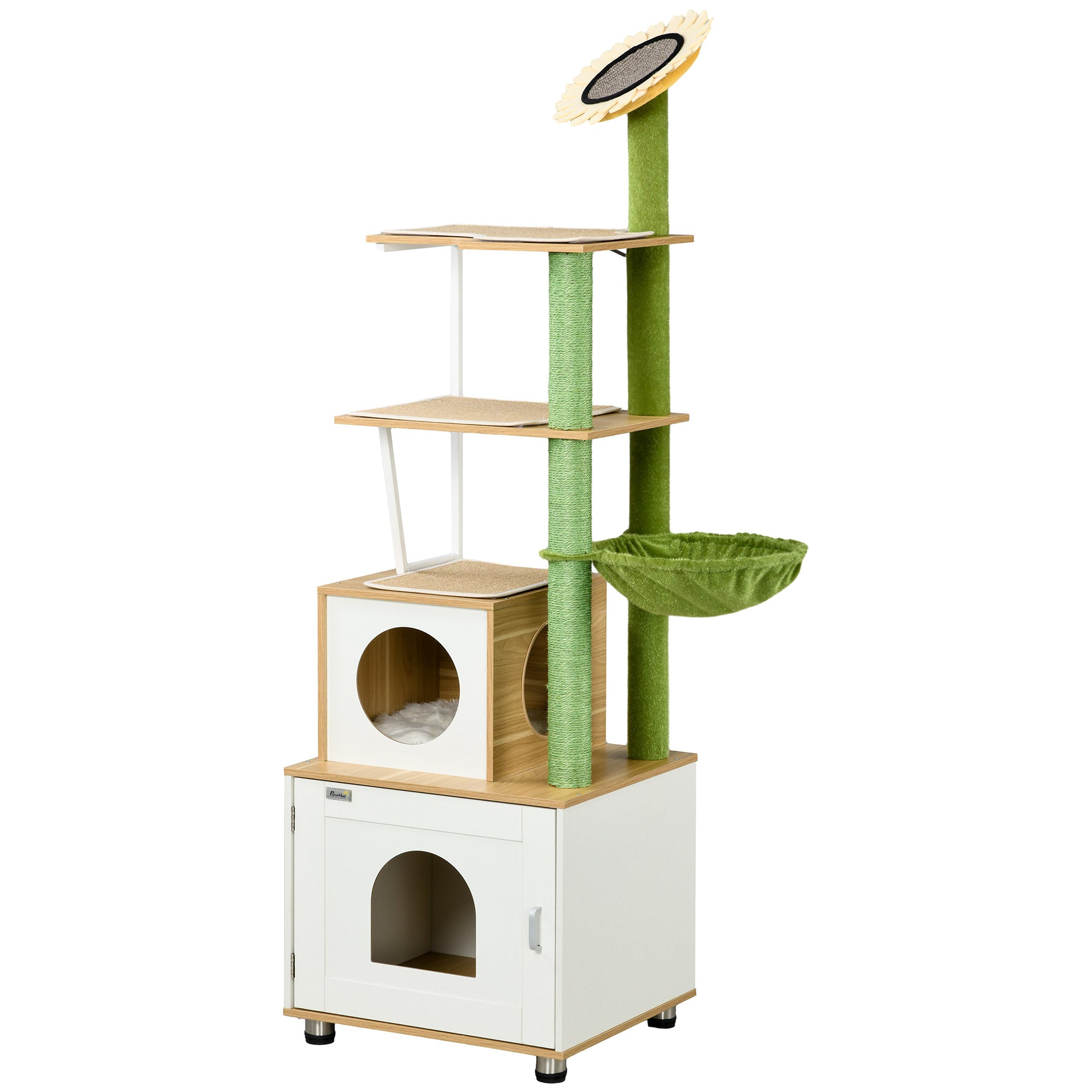 PawHut Cat Tree with Cat Litter Box for Indoor Cats, Cat Enclosure with Scratching Post, Cat House, Hammock, Platforms, Removable Cushions - Oak Tone