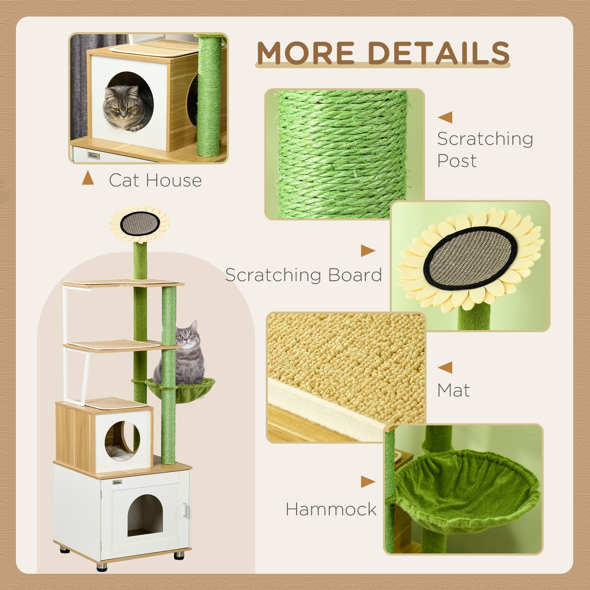PawHut Cat Tree with Cat Litter Box for Indoor Cats, Cat Enclosure with Scratching Post, Cat House, Hammock, Platforms, Removable Cushions - Oak Tone