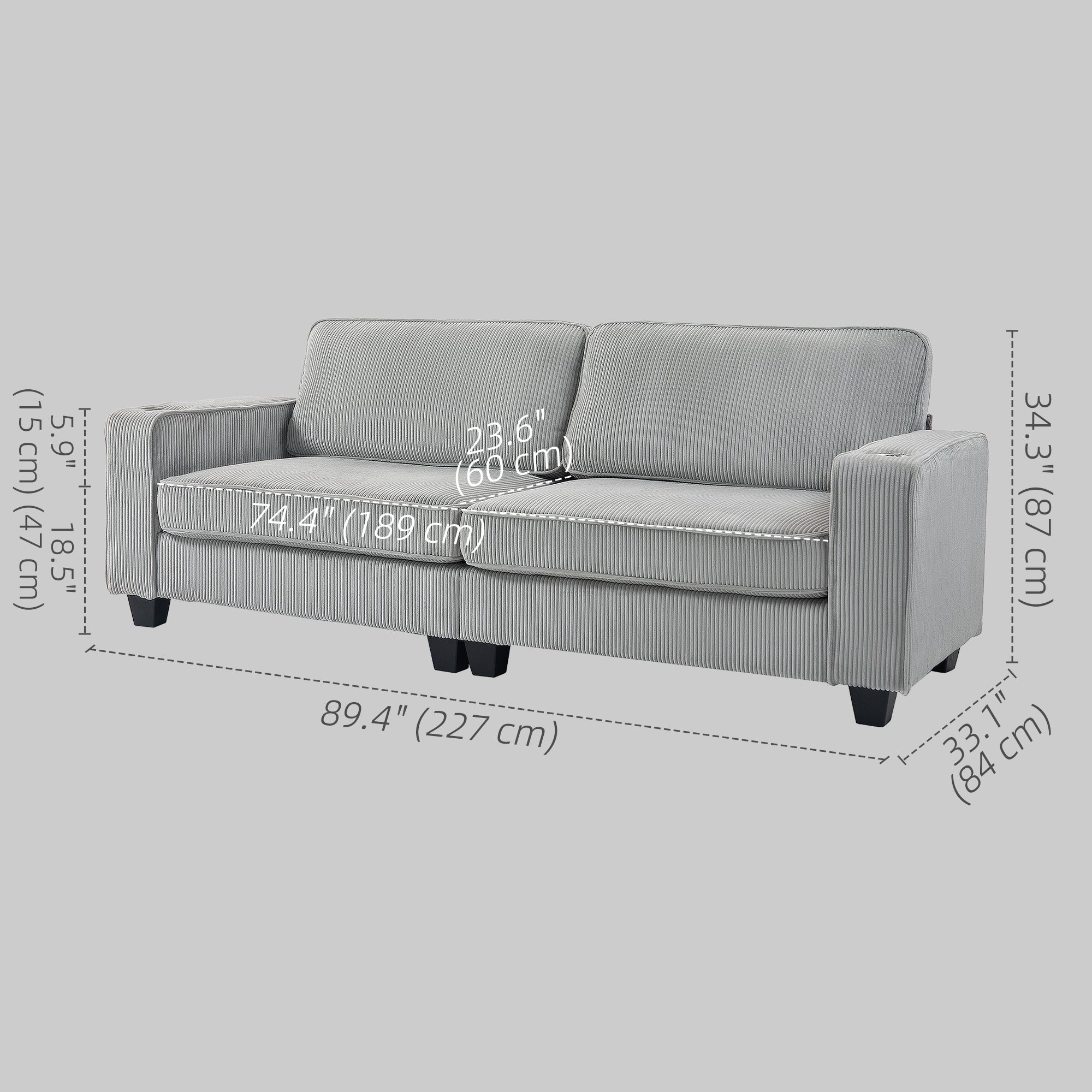 HOMCOM Modern 3 Seater Sofa with Spring Cushion, 90