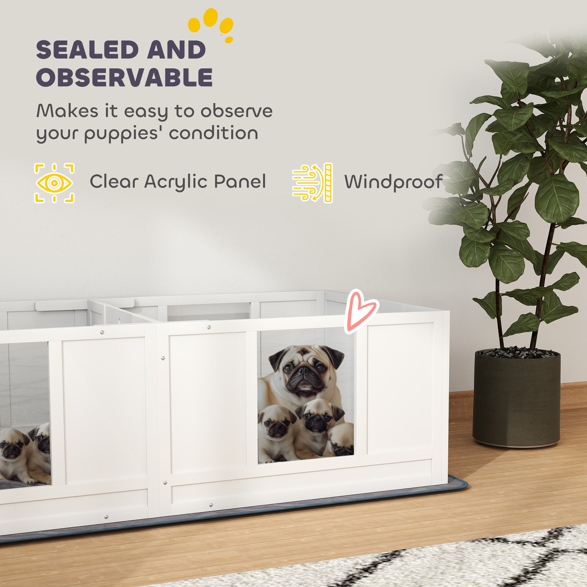 PawHut Whelping Box for Dogs with Water-Resistant Washable Whelping Pad, Dog Whelping Box with Clear Panels, Adjustable Entrance, Two Room Design, Non-Slip Foot Pads, for Small Dogs, 164 x 80cm