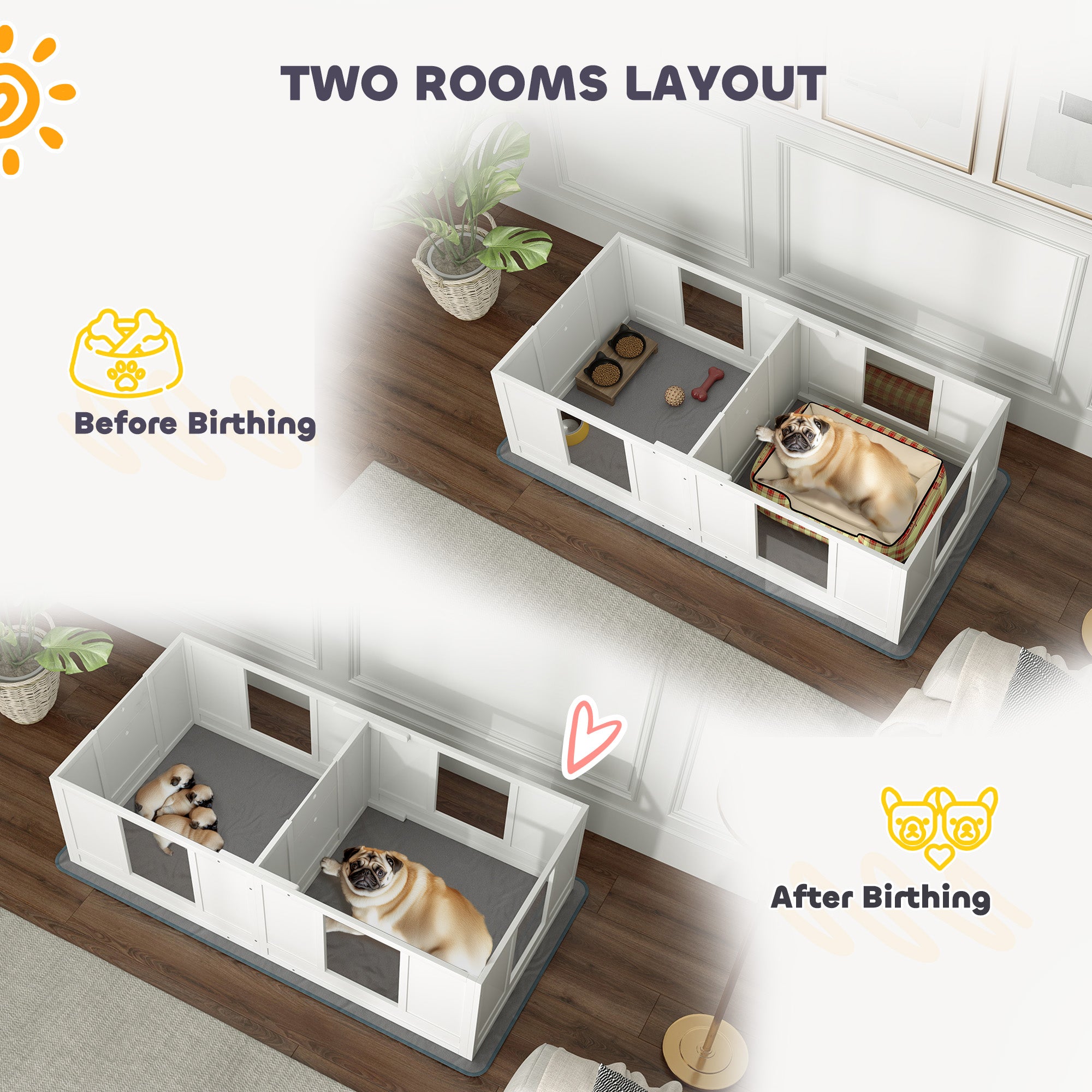 PawHut Whelping Box for Dogs with Water-Resistant Washable Whelping Pad, Dog Whelping Box with Clear Panels, Adjustable Entrance, Two Room Design, Non-Slip Foot Pads, for Small Dogs, 164 x 80cm