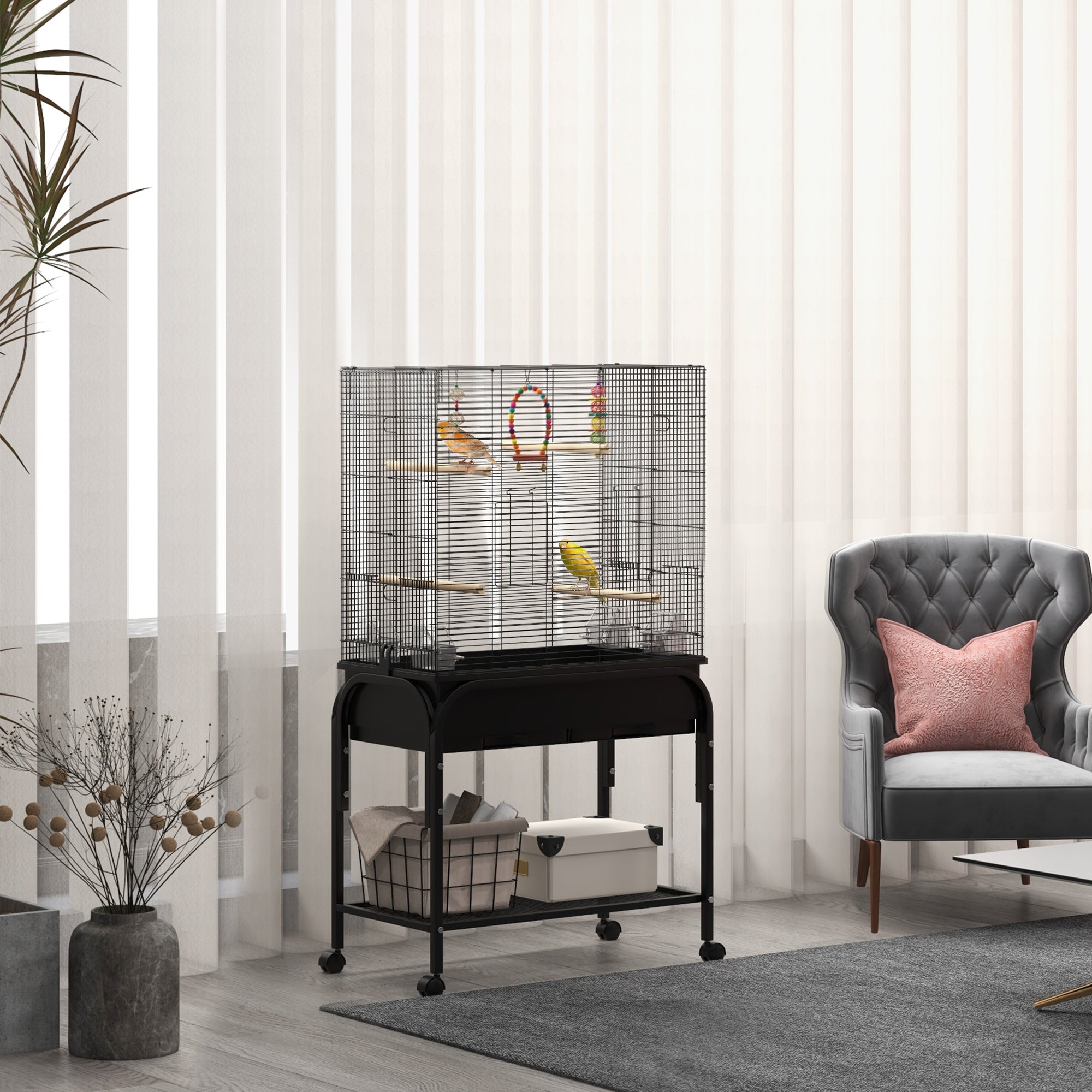 PawHut 51" Bird Cage for Budgies Canaries Finches Lovebirds Parakeets with Rolling Stand, Toys, Black