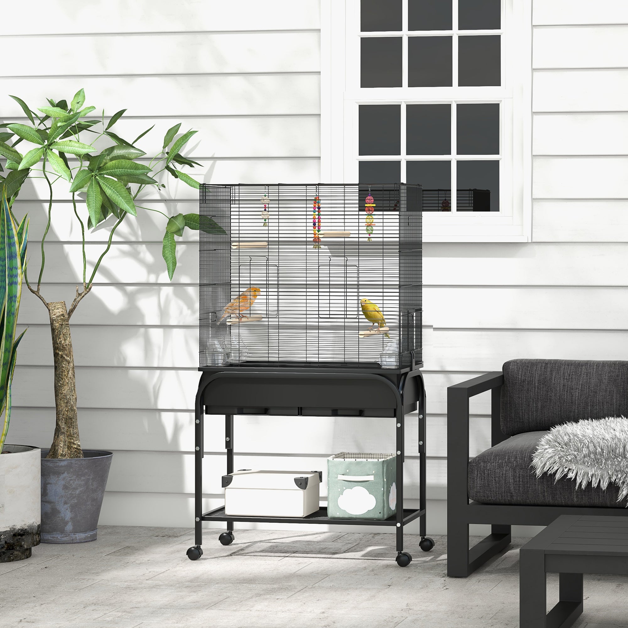 PawHut 51" Bird Cage for Budgies Canaries Finches Lovebirds Parakeets with Rolling Stand, Toys, Black