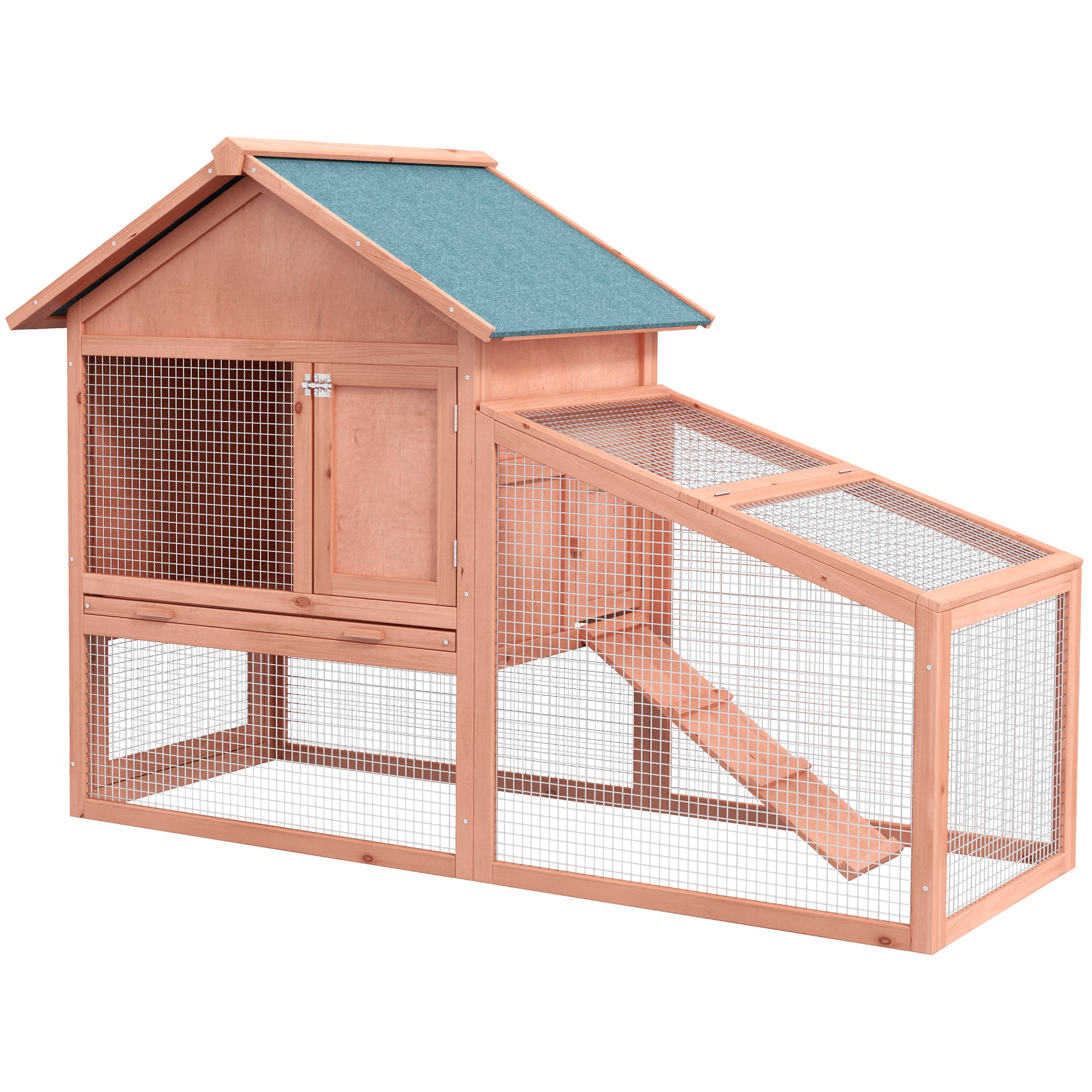 PawHut 2 Tier Rabbit Hutch Outdoor, Guinea Pig Hutch, Solid Wood Bunny House, Water Resistant Asphalt Roof Ramp Sliding tray 144 x 64.5 x 100 cm