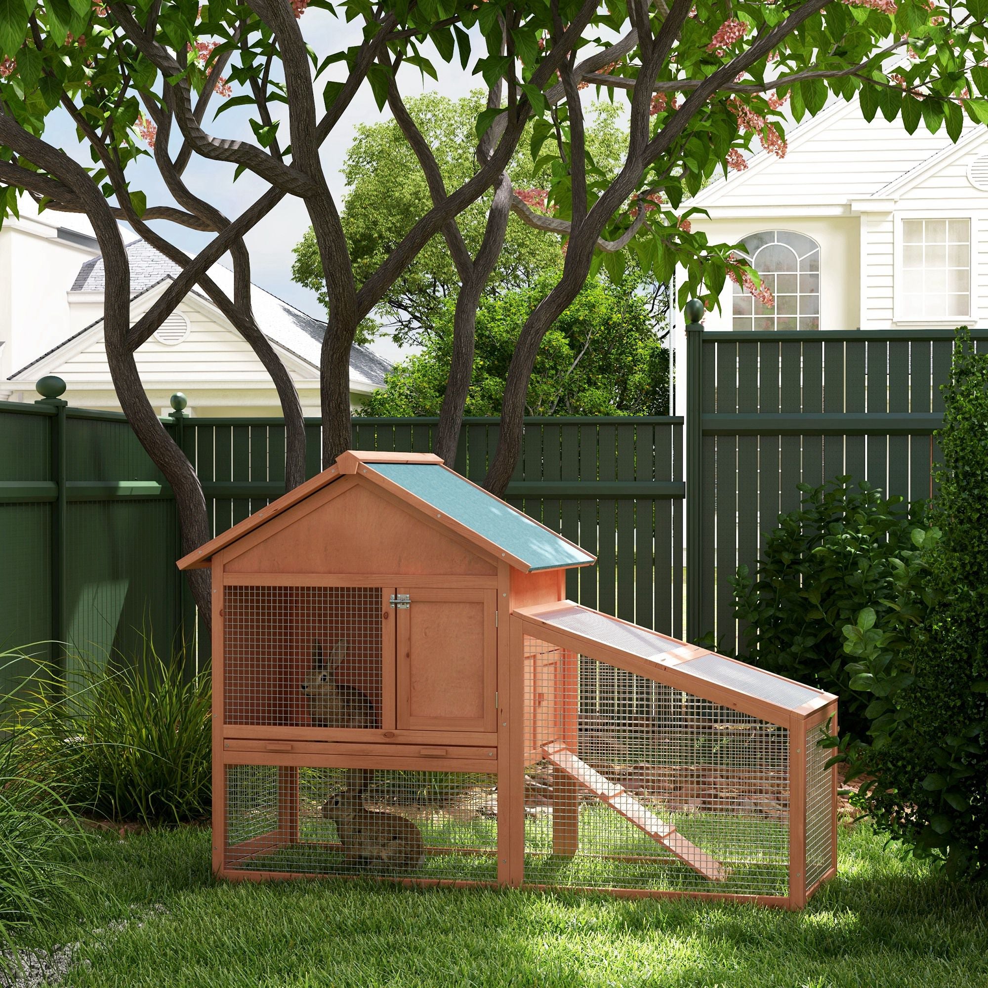 PawHut 2 Tier Rabbit Hutch Outdoor, Guinea Pig Hutch, Solid Wood Bunny House, Water Resistant Asphalt Roof Ramp Sliding tray 144 x 64.5 x 100 cm