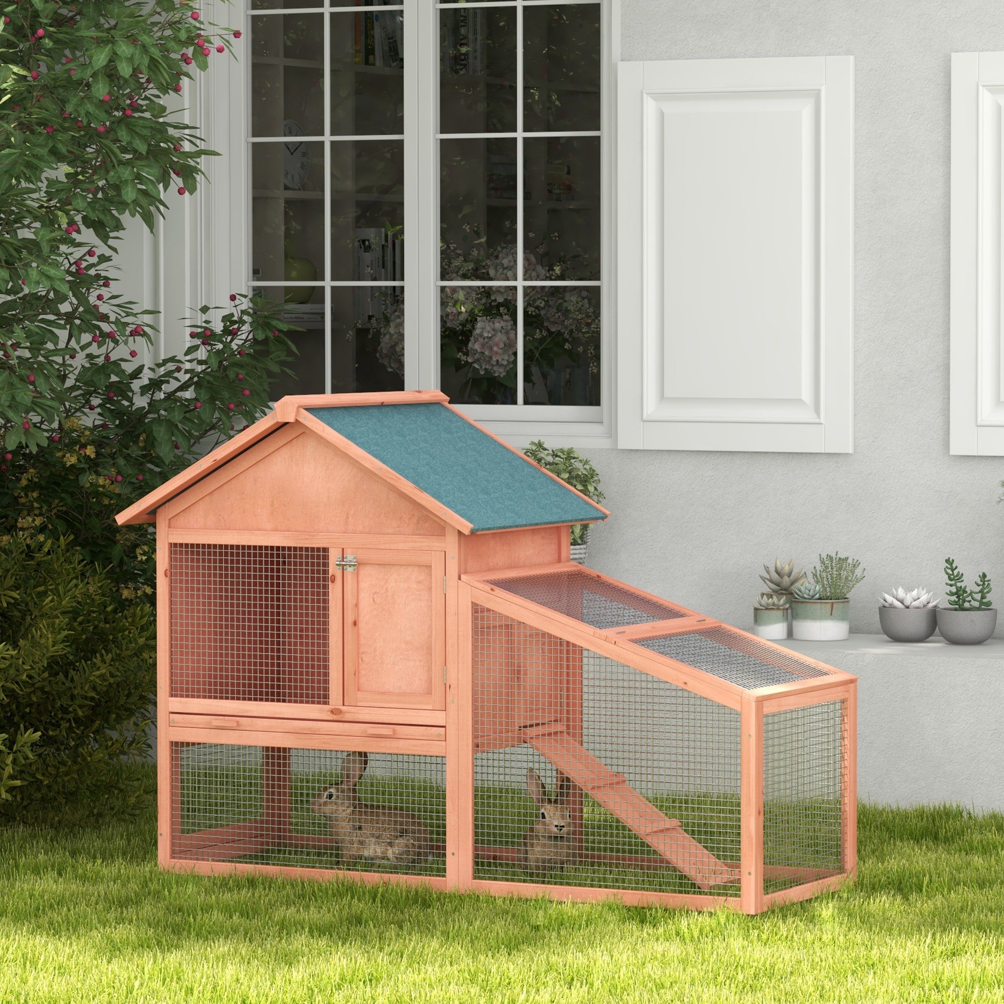 PawHut 2 Tier Rabbit Hutch Outdoor Bunny House Guinea Pig Cage with Removable Tray, Ramp, Asphalt Roof