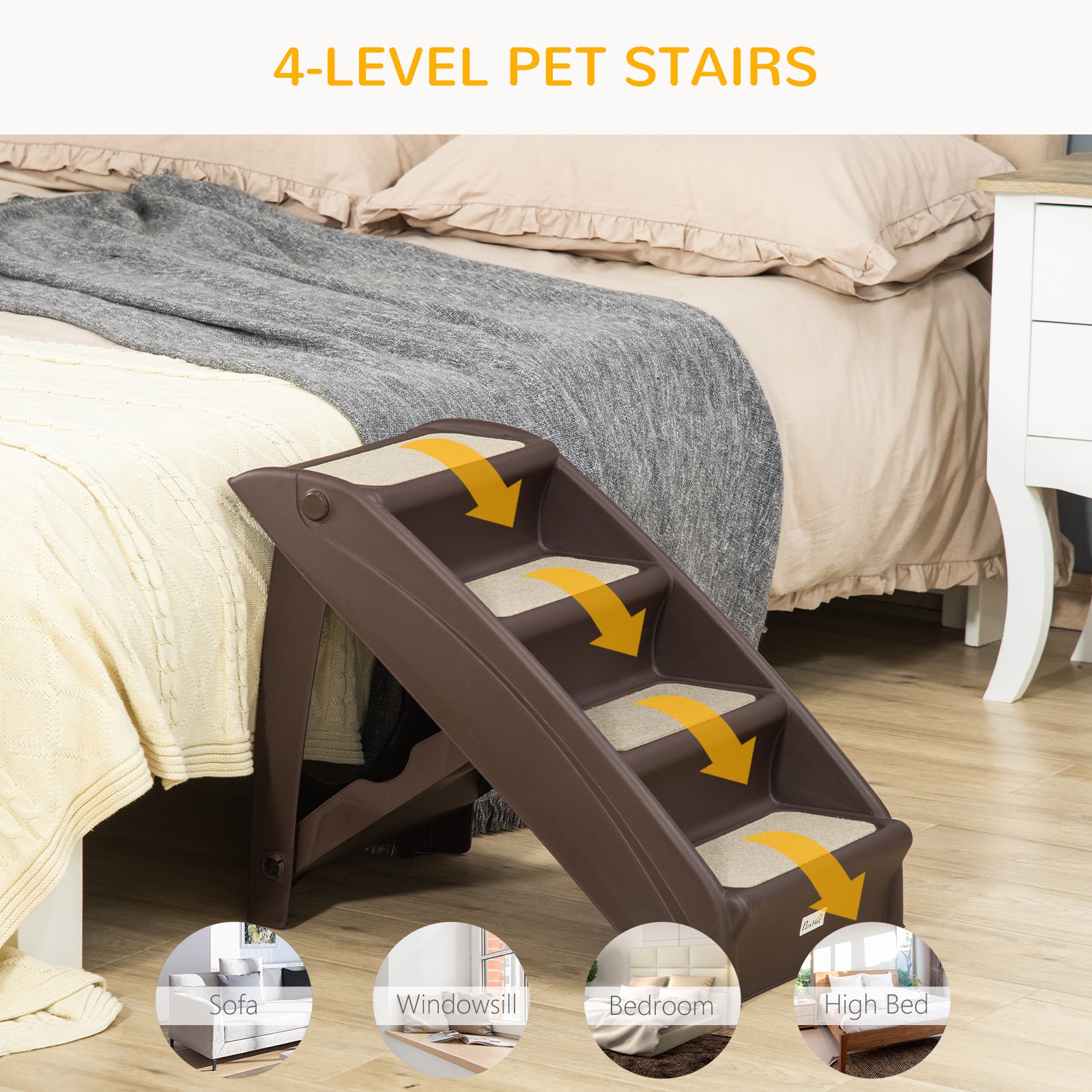 PawHut 4-Level Portable Dog Stairs, Foldable Dog Steps for Small Dogs, Lightweight Cat Steps, with Nonslip Soft Mats, for High Bed, Sofa, Dark Brown
