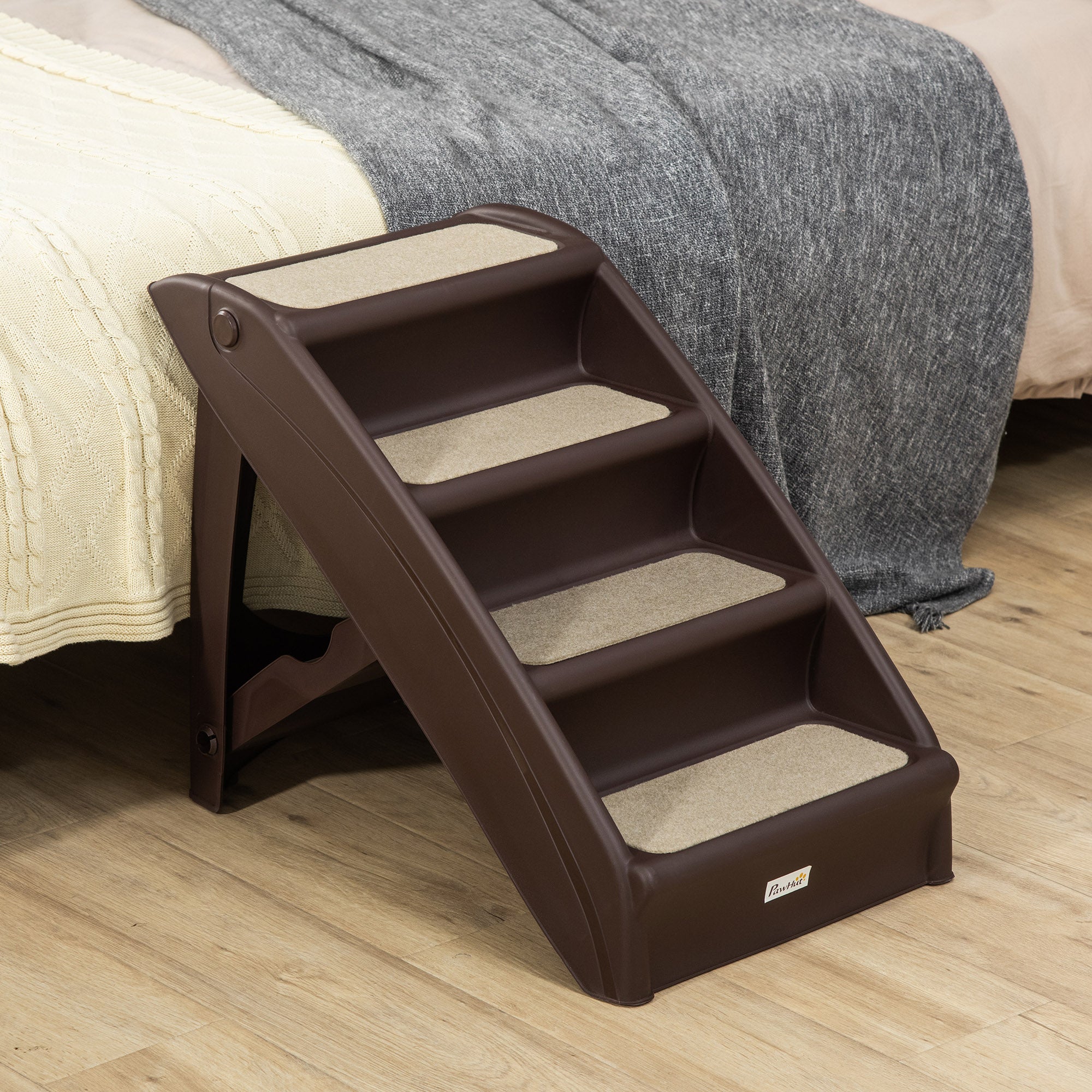 PawHut 4-Level Portable Dog Stairs, Foldable Dog Steps for Small Dogs, Lightweight Cat Steps, with Nonslip Soft Mats, for High Bed, Sofa, Dark Brown