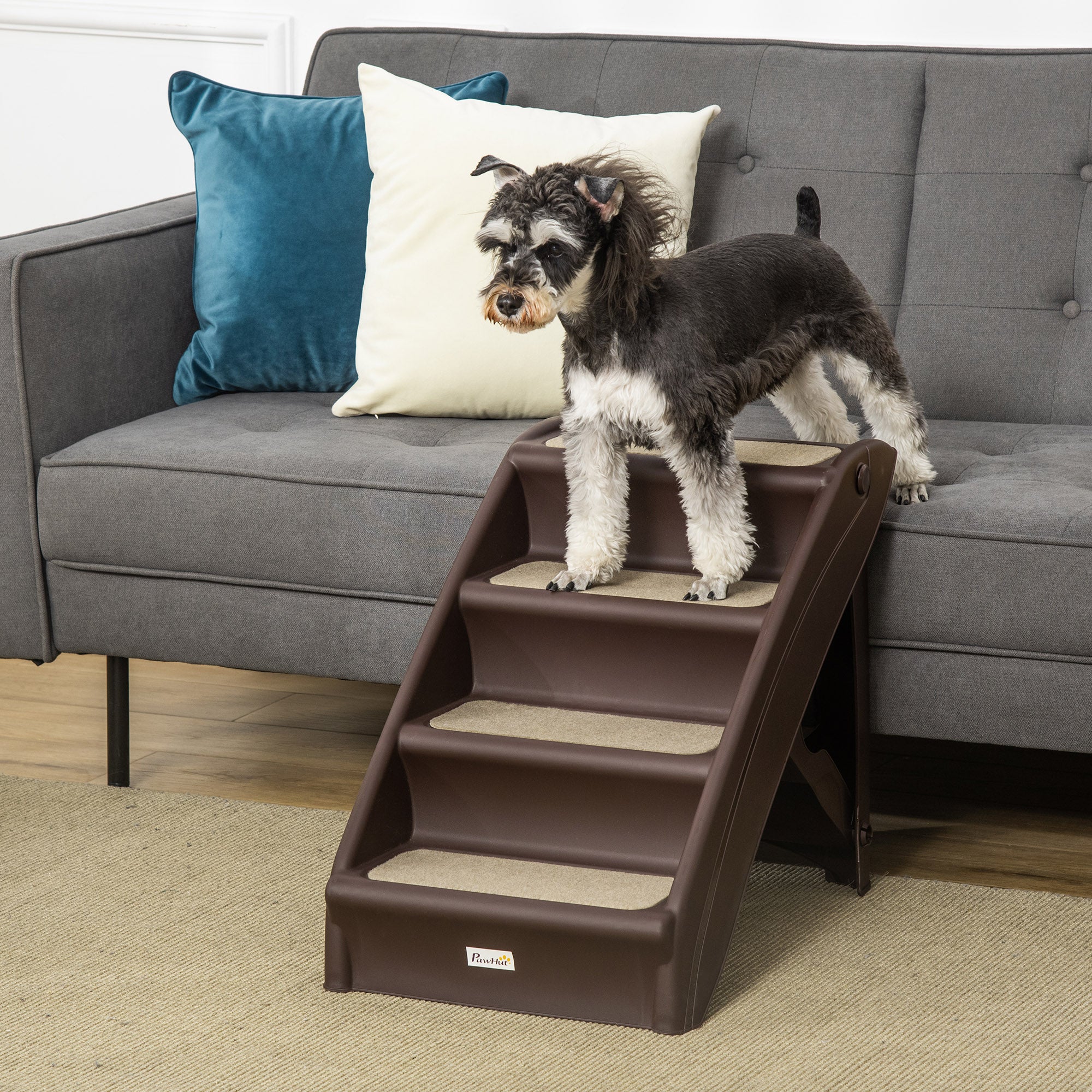 PawHut 4-Level Portable Dog Stairs, Foldable Dog Steps for Small Dogs, Lightweight Cat Steps, with Nonslip Soft Mats, for High Bed, Sofa, Dark Brown