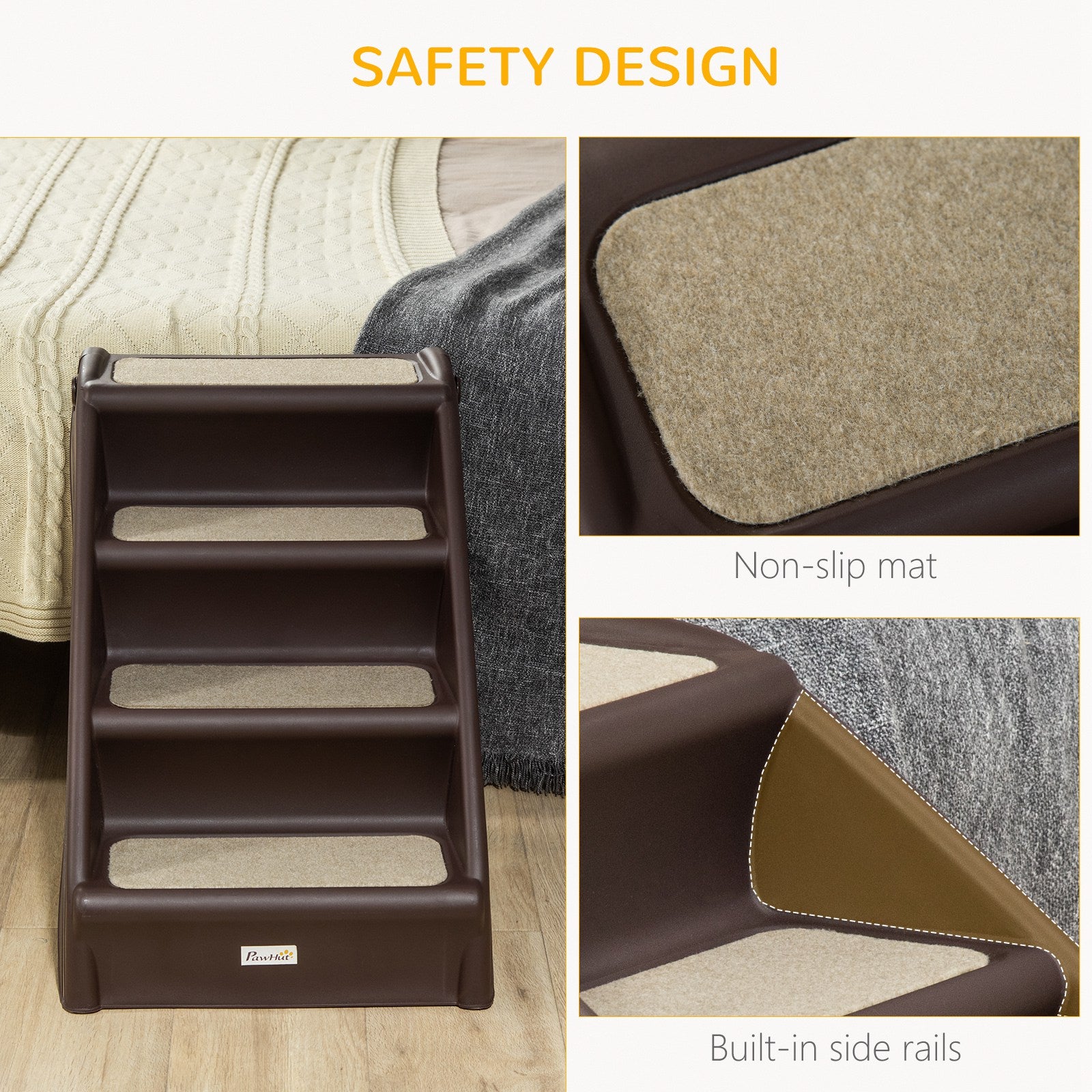 PawHut 4-Level Portable Dog Stairs, Foldable Dog Steps for Small Dogs, Lightweight Cat Steps, with Nonslip Soft Mats, for High Bed, Sofa, Dark Brown