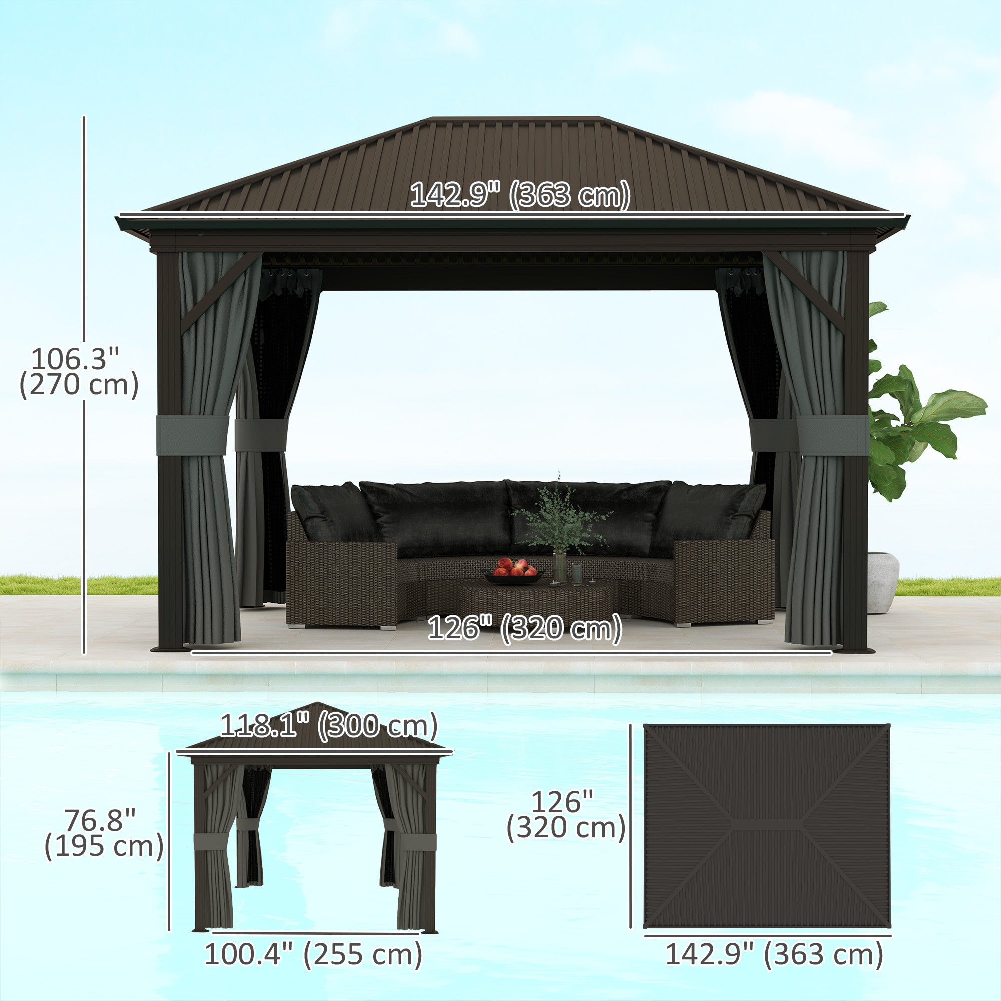 Outsunny 10' x 12' Hardtop Gazebo Canopy with Galvanized Steel Roof, Aluminum Frame, Permanent Pavilion Outdoor Gazebo with Netting, Curtains, Top Hook, Dark Grey