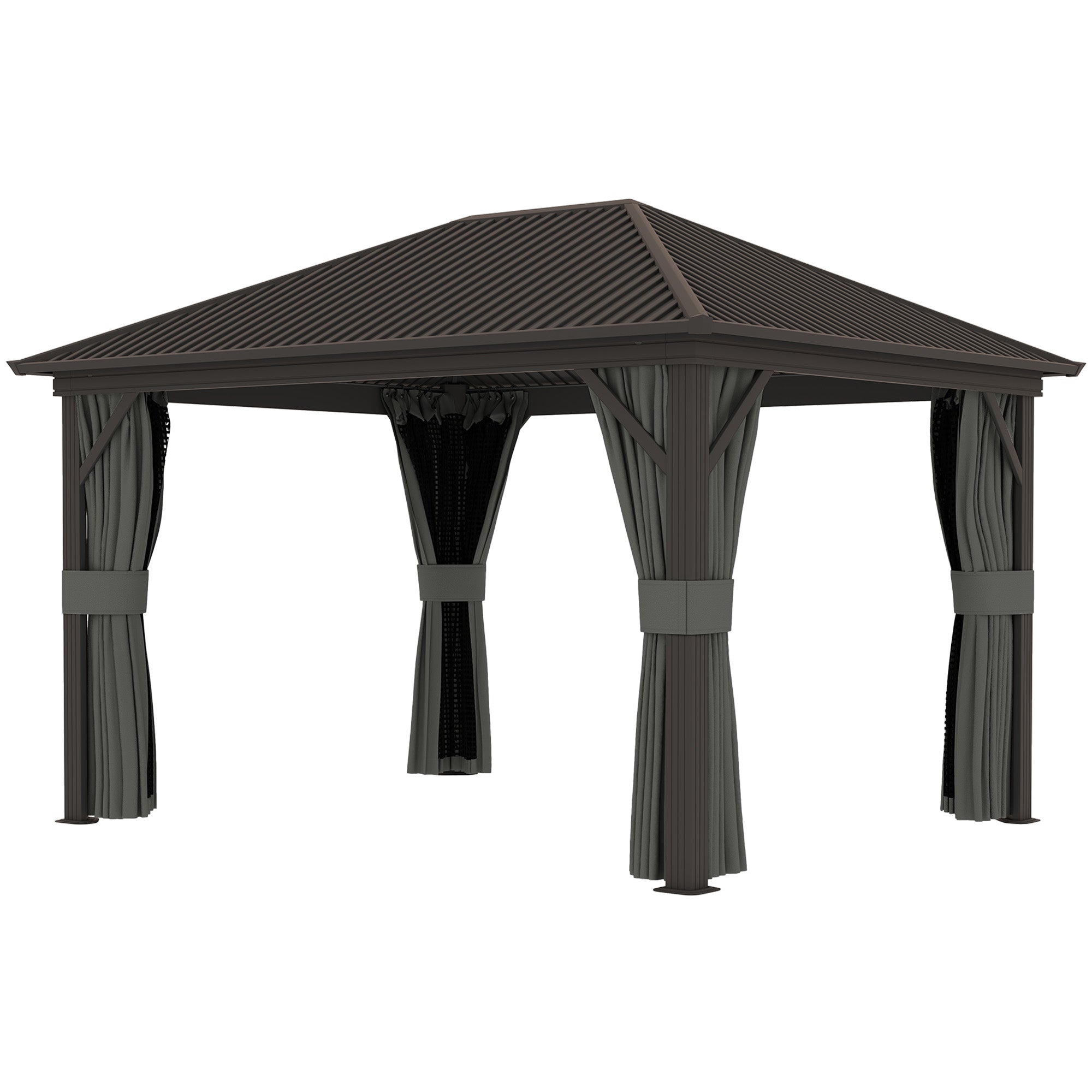 Outsunny 10' x 12' Hardtop Gazebo Canopy with Galvanized Steel Roof, Aluminum Frame, Permanent Pavilion Outdoor Gazebo with Netting, Curtains, Top Hook, Dark Grey