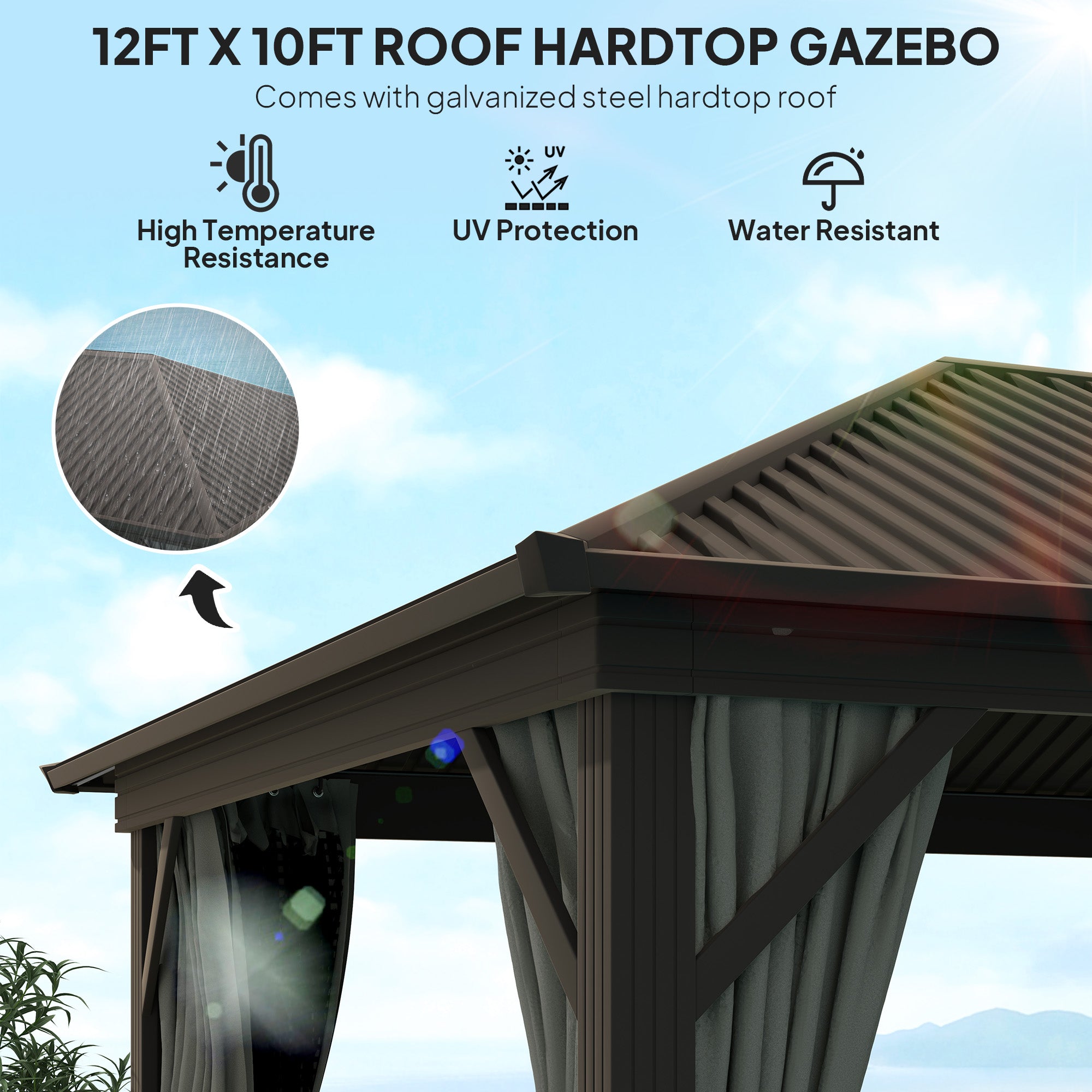 Outsunny 10' x 12' Hardtop Gazebo Canopy with Galvanized Steel Roof, Aluminum Frame, Permanent Pavilion Outdoor Gazebo with Netting, Curtains, Top Hook, Dark Grey