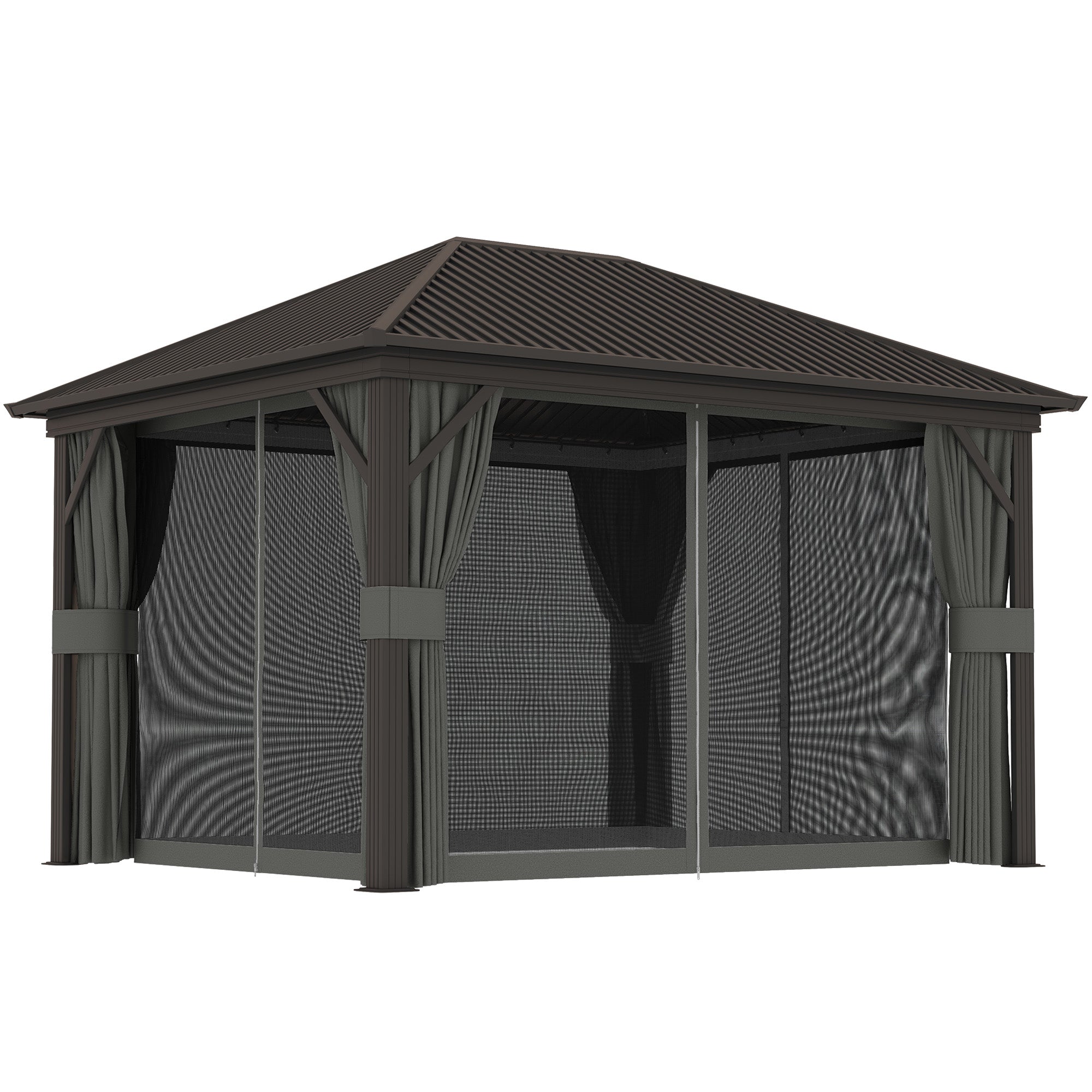 Outsunny 10' x 12' Hardtop Gazebo Canopy with Galvanized Steel Roof, Aluminum Frame, Permanent Pavilion Outdoor Gazebo with Netting, Curtains, Top Hook, Dark Grey