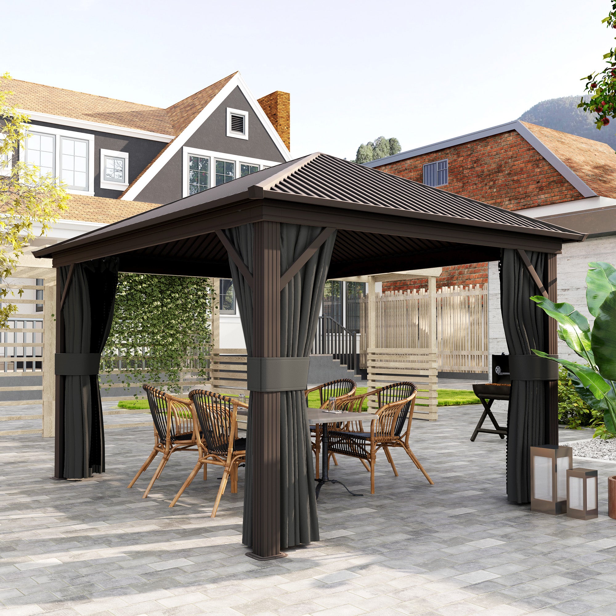Outsunny 10' x 12' Hardtop Gazebo Canopy with Galvanized Steel Roof, Aluminum Frame, Permanent Pavilion Outdoor Gazebo with Netting, Curtains, Top Hook, Dark Grey