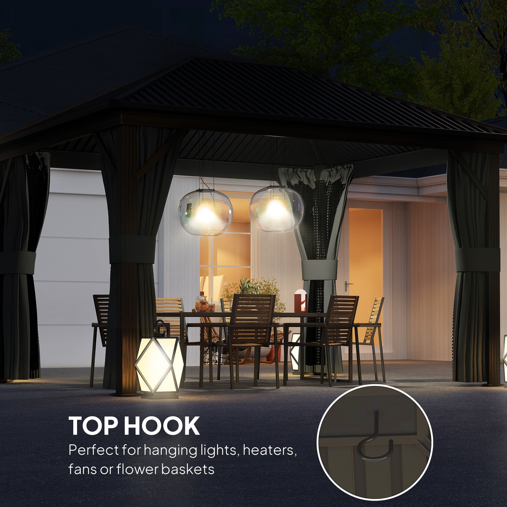 Outsunny 10' x 12' Hardtop Gazebo Canopy with Galvanized Steel Roof, Aluminum Frame, Permanent Pavilion Outdoor Gazebo with Netting, Curtains, Top Hook, Dark Grey