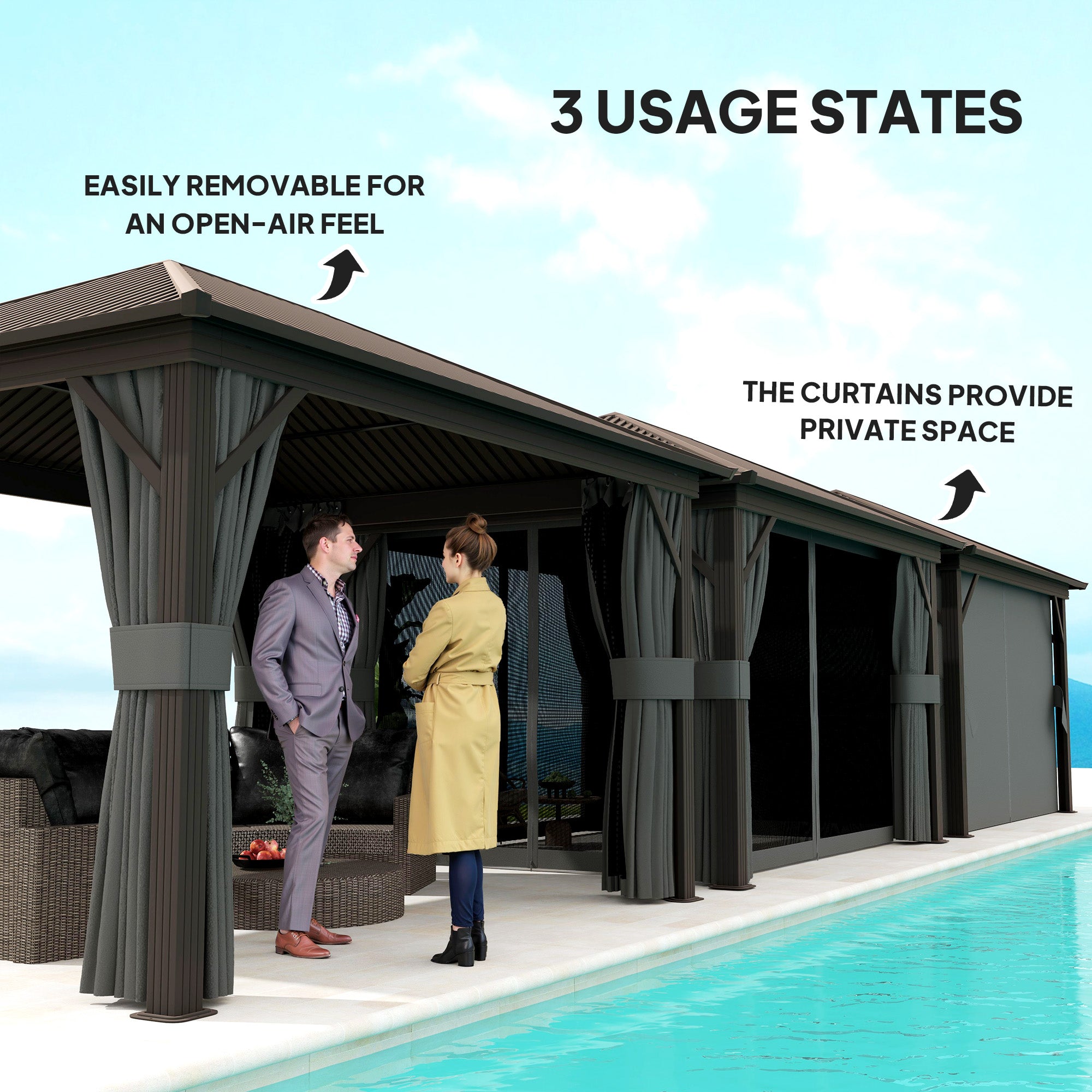 Outsunny 10' x 12' Hardtop Gazebo Canopy with Galvanized Steel Roof, Aluminum Frame, Permanent Pavilion Outdoor Gazebo with Netting, Curtains, Top Hook, Dark Grey