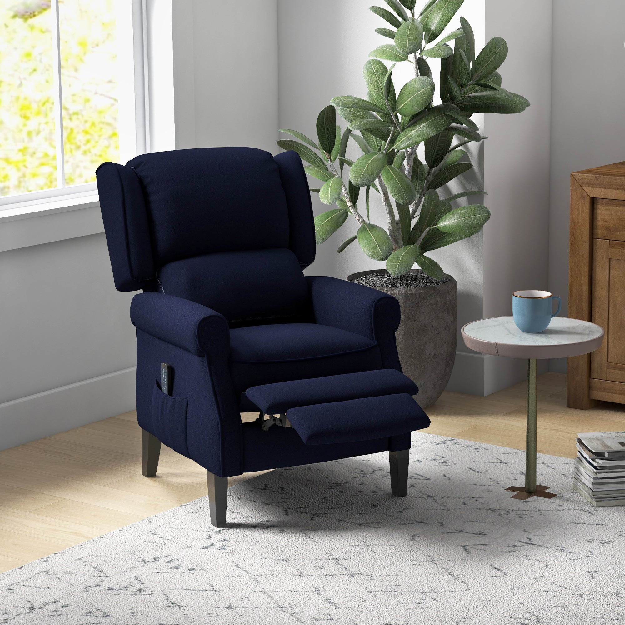 HOMCOM Massage Recliner Chair for Living Room, Push Back Recliner Sofa, Wingback Reclining Chair with Extendable Footrest, Remote Control, Side Pockets, Blue