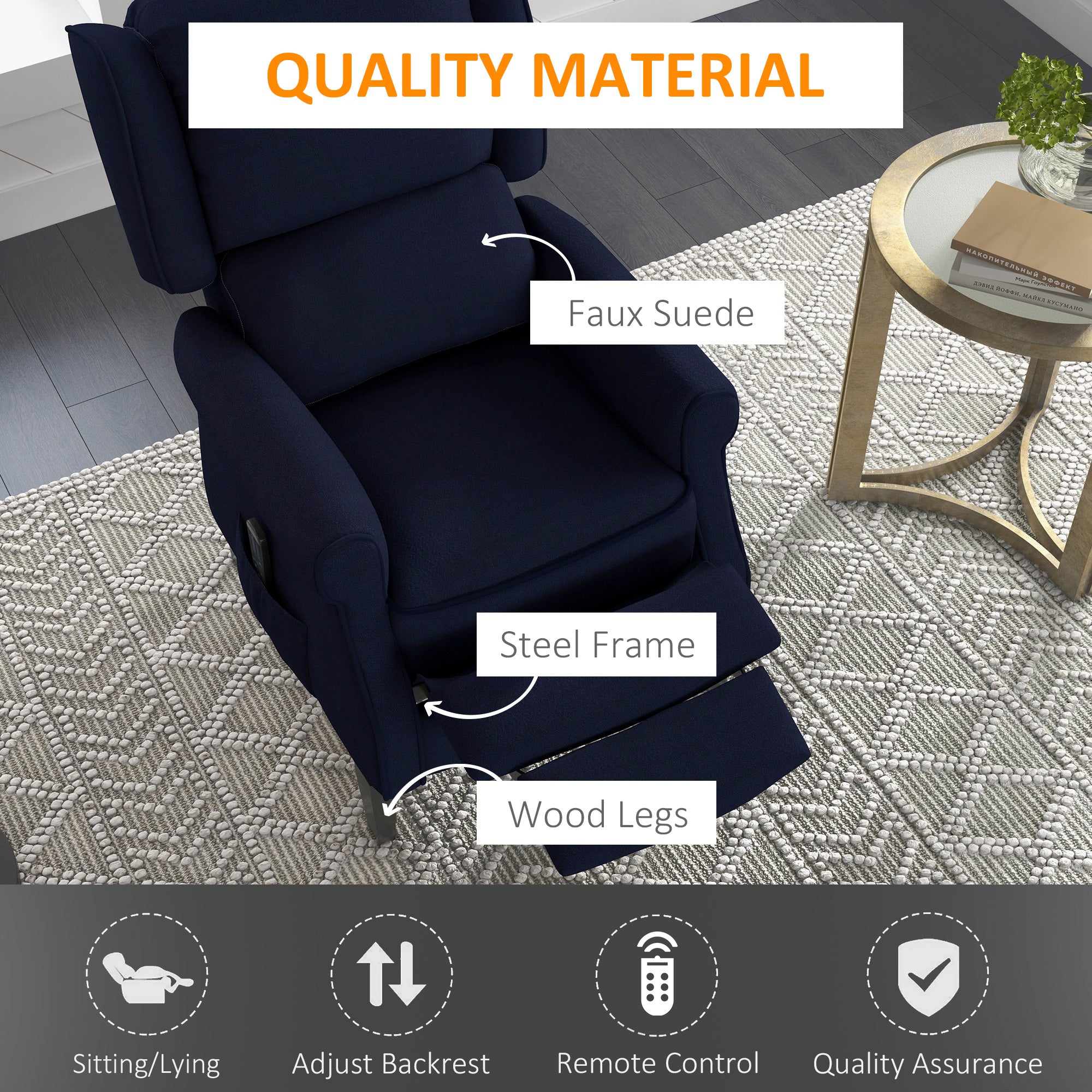 HOMCOM Massage Recliner Chair for Living Room, Push Back Recliner Sofa, Wingback Reclining Chair with Extendable Footrest, Remote Control, Side Pockets, Blue