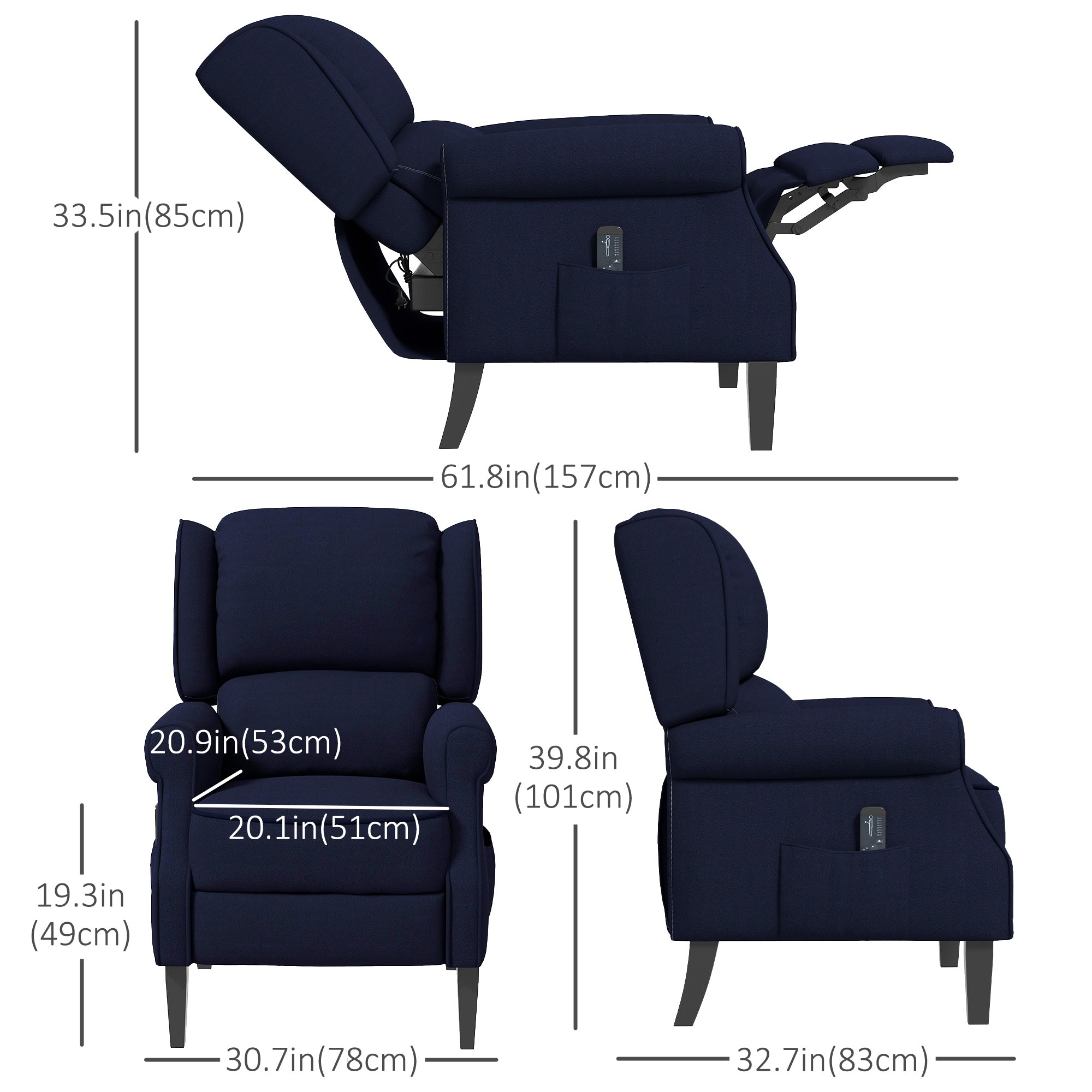 HOMCOM Massage Recliner Chair for Living Room, Push Back Recliner Sofa, Wingback Reclining Chair with Extendable Footrest, Remote Control, Side Pockets, Blue