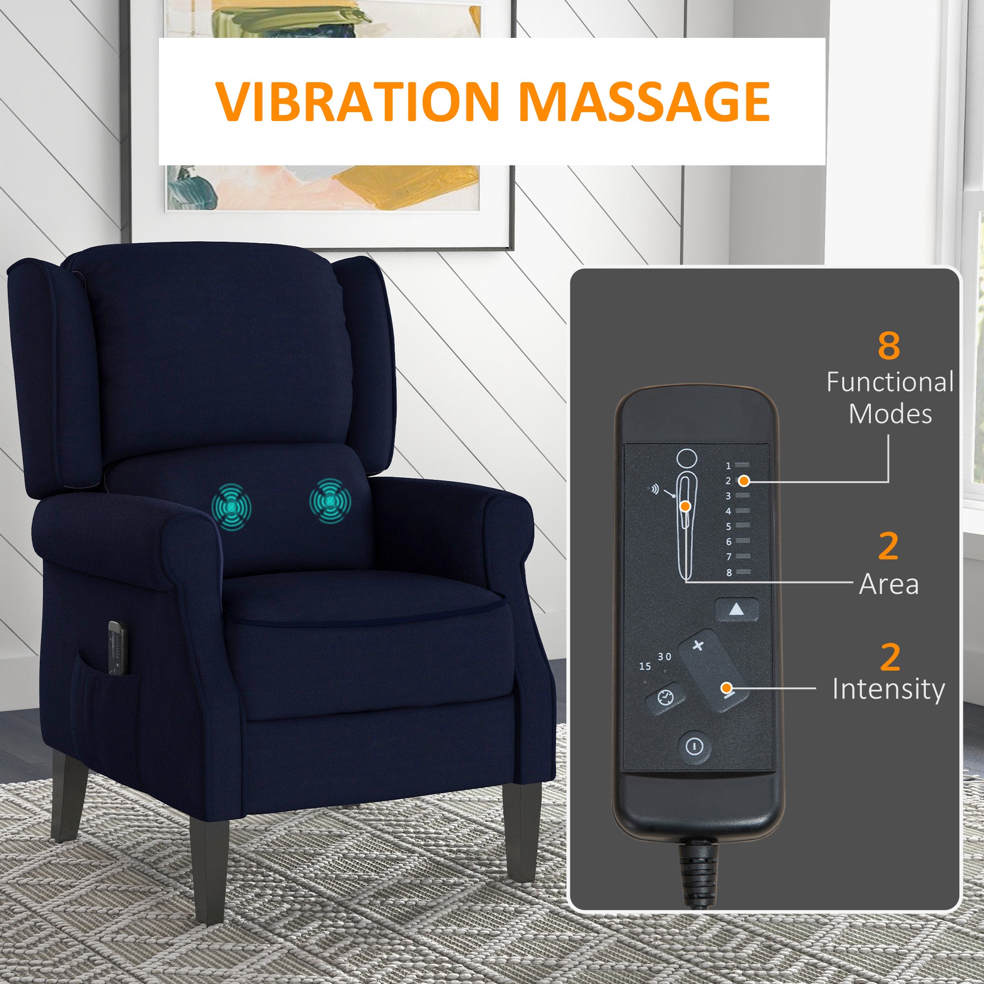 HOMCOM Massage Recliner Chair for Living Room, Push Back Recliner Sofa, Wingback Reclining Chair with Extendable Footrest, Remote Control, Side Pockets, Blue