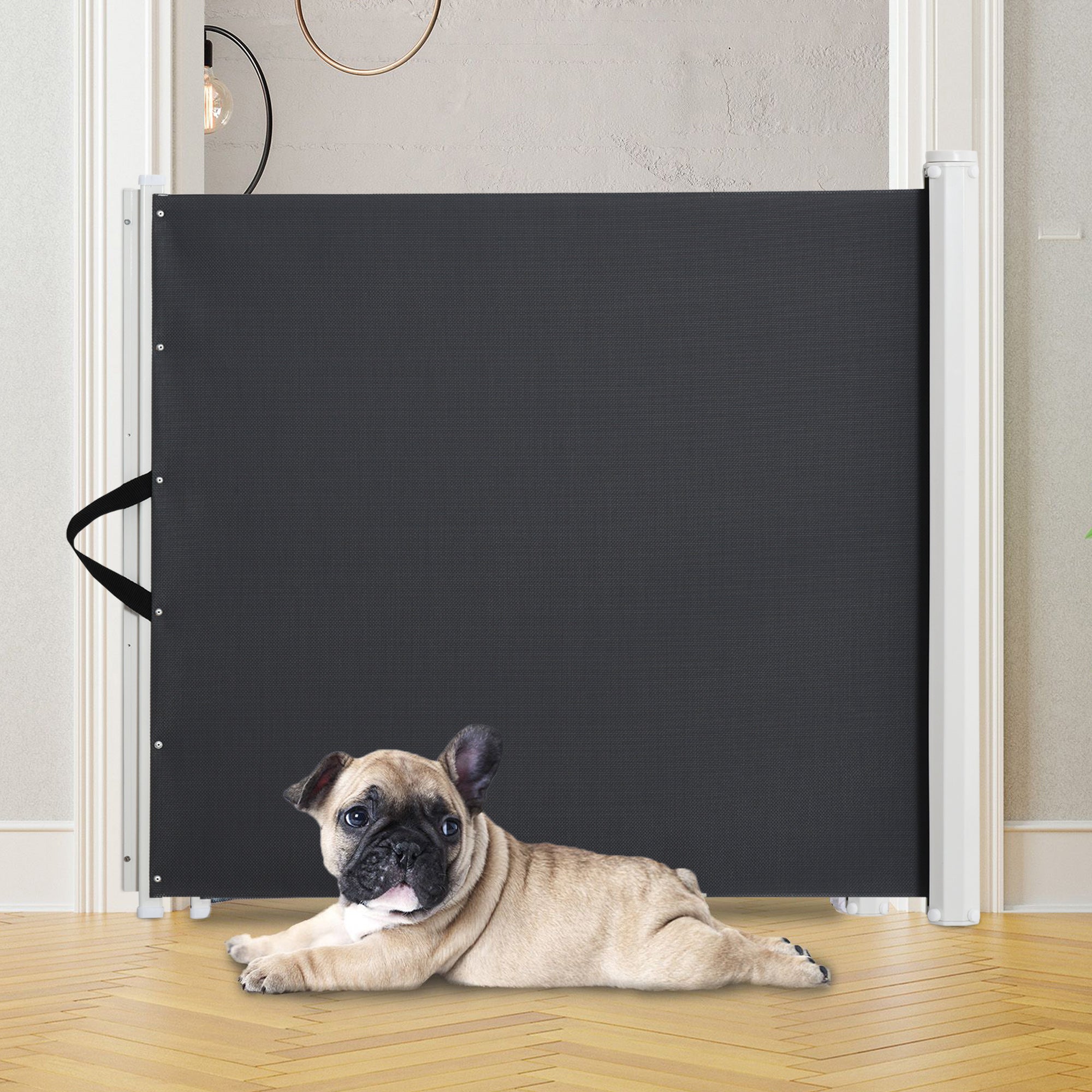 Pawhut Retractable Mesh Pet Safety Barrier Gate, Flexible and Extensible Safety Dog Gate Easy to Roll and Latch for Stairways Doorways Hallways, 45'' x 32", Grey