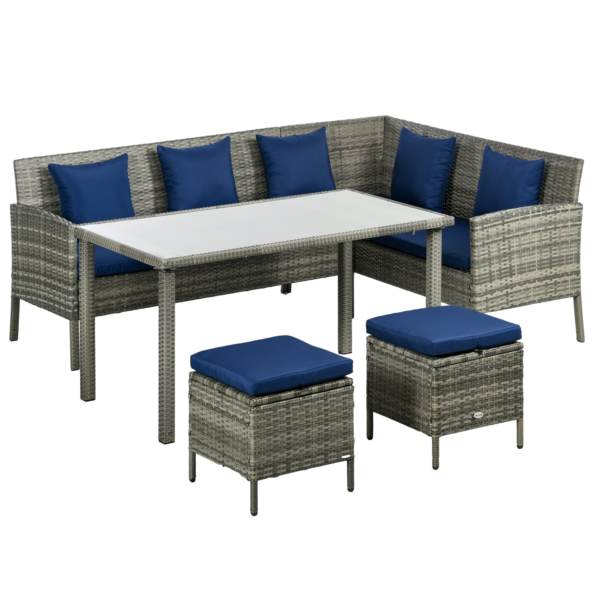 Outsunny 5 Pieces Wicker Patio Dining Set with Cushions, PE Rattan Corner Sofa Set Outdoor Conversation Furniture Set with Glass Top Dining Table, 2 Ottomans, Navy Blue