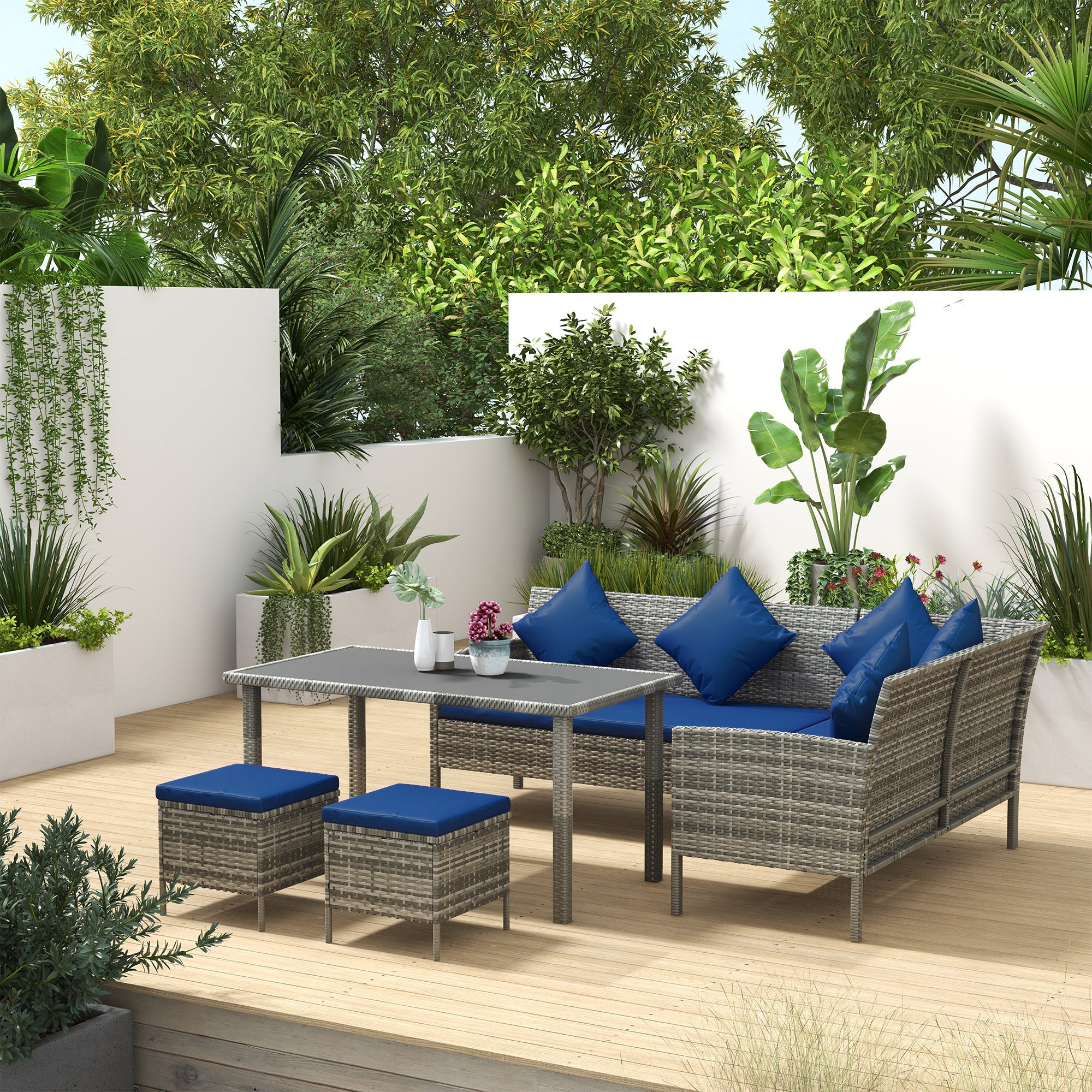 Outsunny 5 Pieces Wicker Patio Dining Set with Cushions, PE Rattan Corner Sofa Set Outdoor Conversation Furniture Set with Glass Top Dining Table, 2 Ottomans, Navy Blue