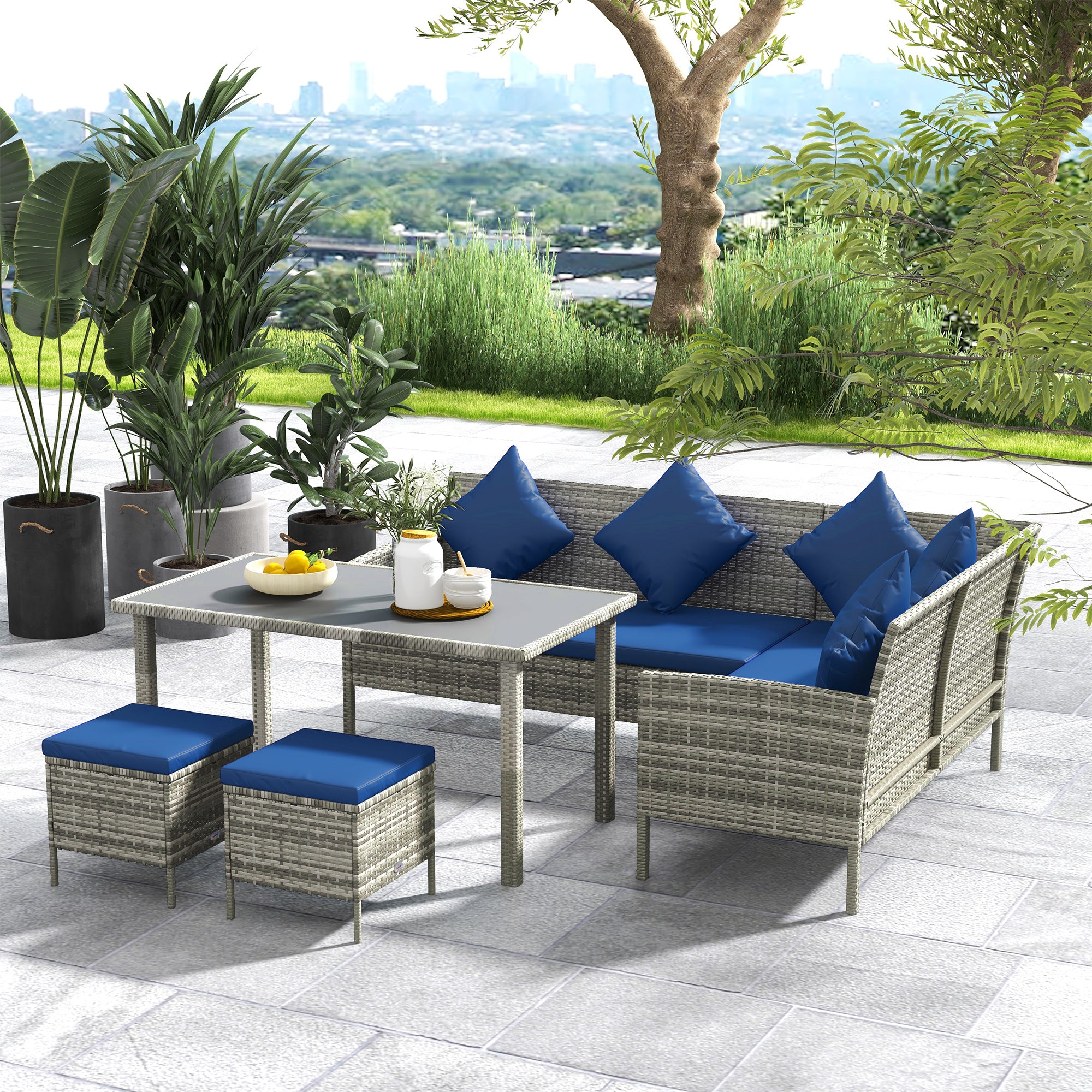 Outsunny 5 Pieces Wicker Patio Dining Set with Cushions, PE Rattan Corner Sofa Set Outdoor Conversation Furniture Set with Glass Top Dining Table, 2 Ottomans, Navy Blue