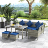 Outsunny 5 Pieces Wicker Patio Dining Set with Cushions, PE Rattan Corner Sofa Set Outdoor Conversation Furniture Set with Glass Top Dining Table, 2 Ottomans, Navy Blue