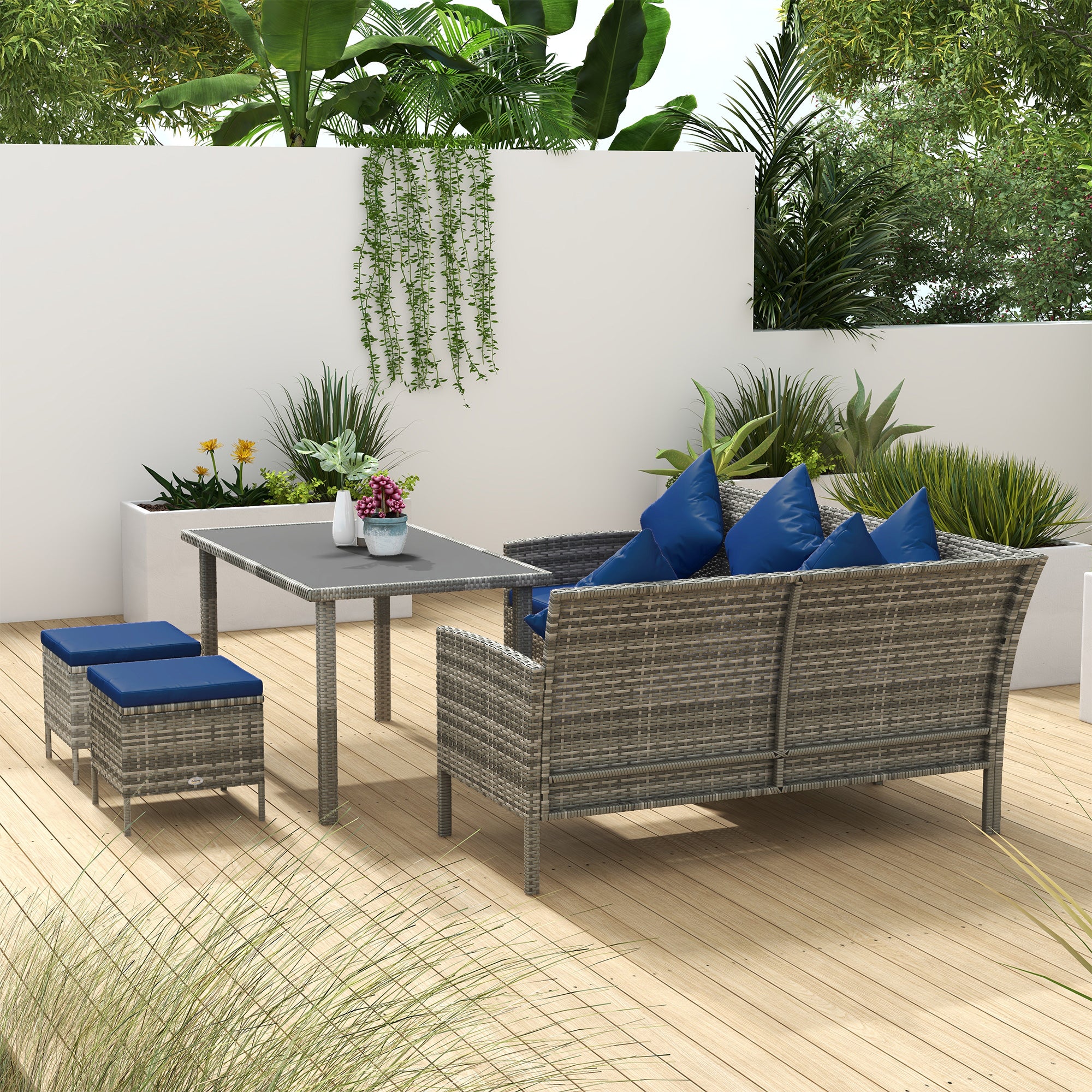 Outsunny 5 Pieces Wicker Patio Dining Set with Cushions, PE Rattan Corner Sofa Set Outdoor Conversation Furniture Set with Glass Top Dining Table, 2 Ottomans, Navy Blue