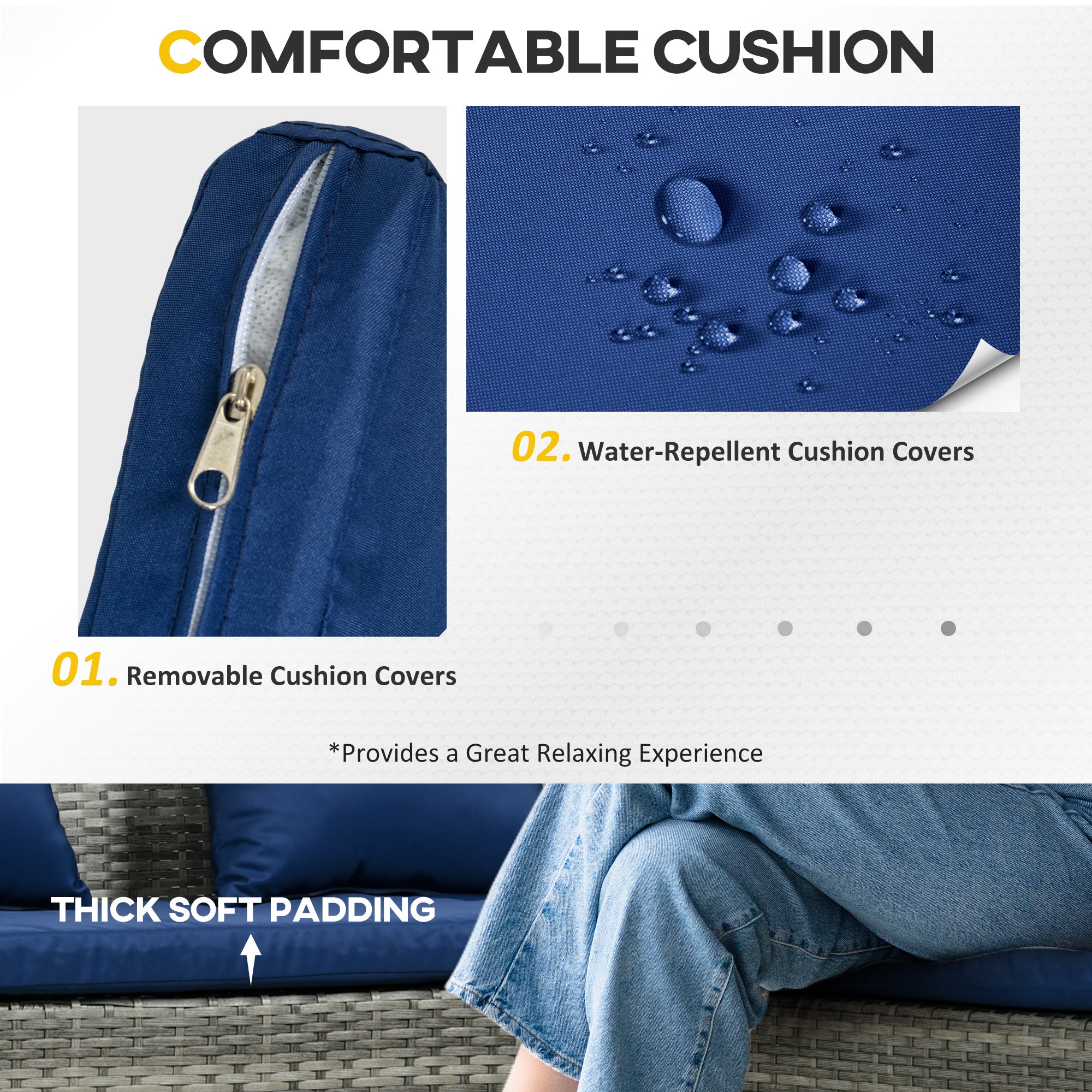 Outsunny 5 Pieces Wicker Patio Dining Set with Cushions, PE Rattan Corner Sofa Set Outdoor Conversation Furniture Set with Glass Top Dining Table, 2 Ottomans, Navy Blue