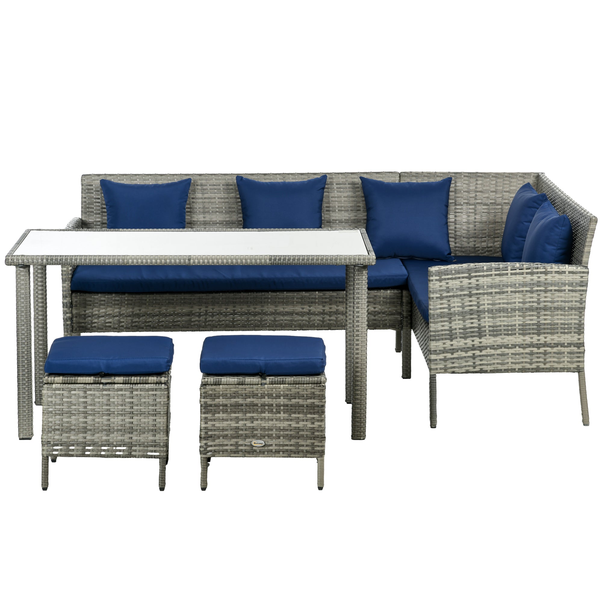 Outsunny 5 Pieces Wicker Patio Dining Set with Cushions, PE Rattan Corner Sofa Set Outdoor Conversation Furniture Set with Glass Top Dining Table, 2 Ottomans, Navy Blue
