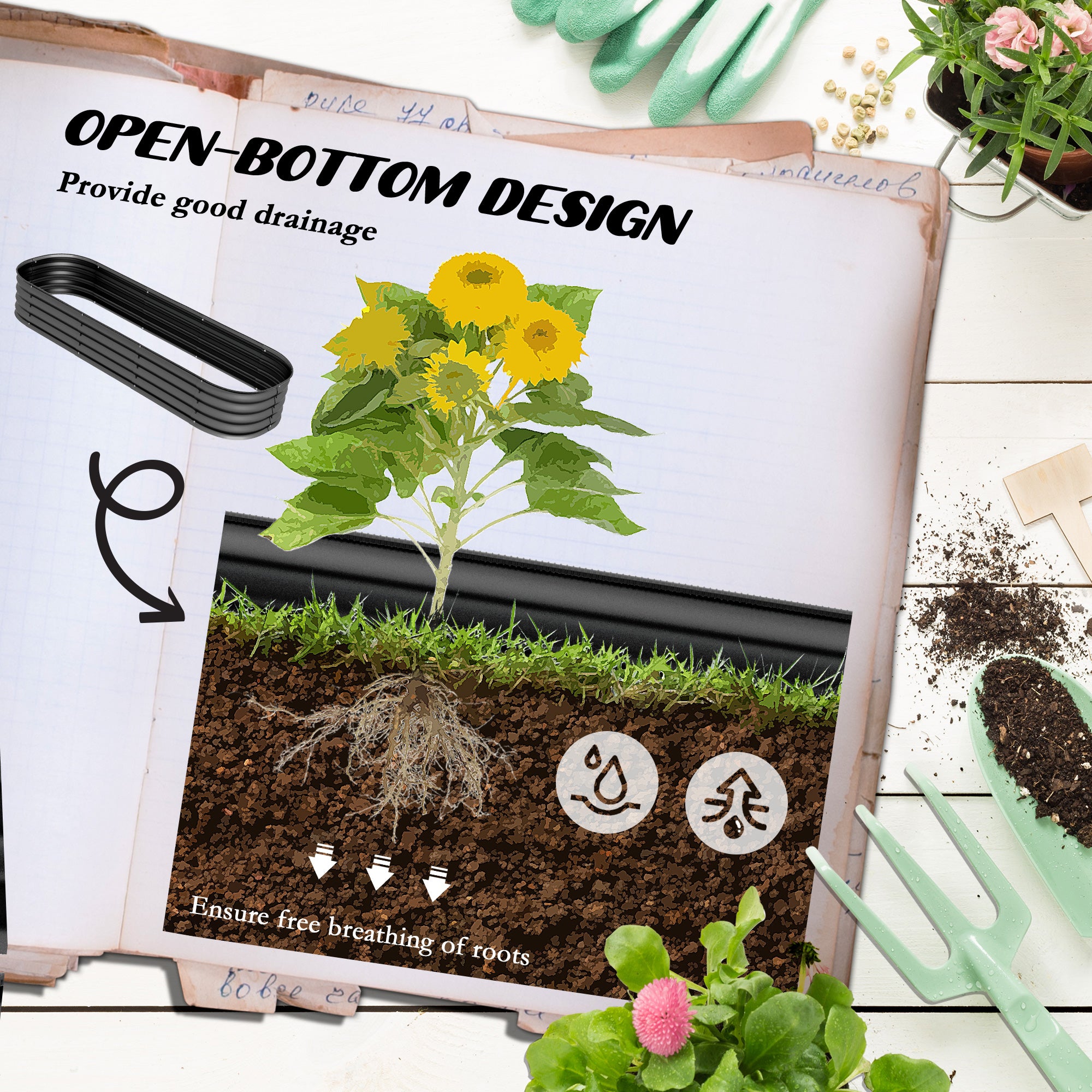 Outsunny 6.4' x 2' x 1' Galvanized Raised Garden Bed Kit, Metal Elevated Planter Box with Safety Edging, Easy DIY for Growing Flowers, Herbs, Succulents, Dark Grey