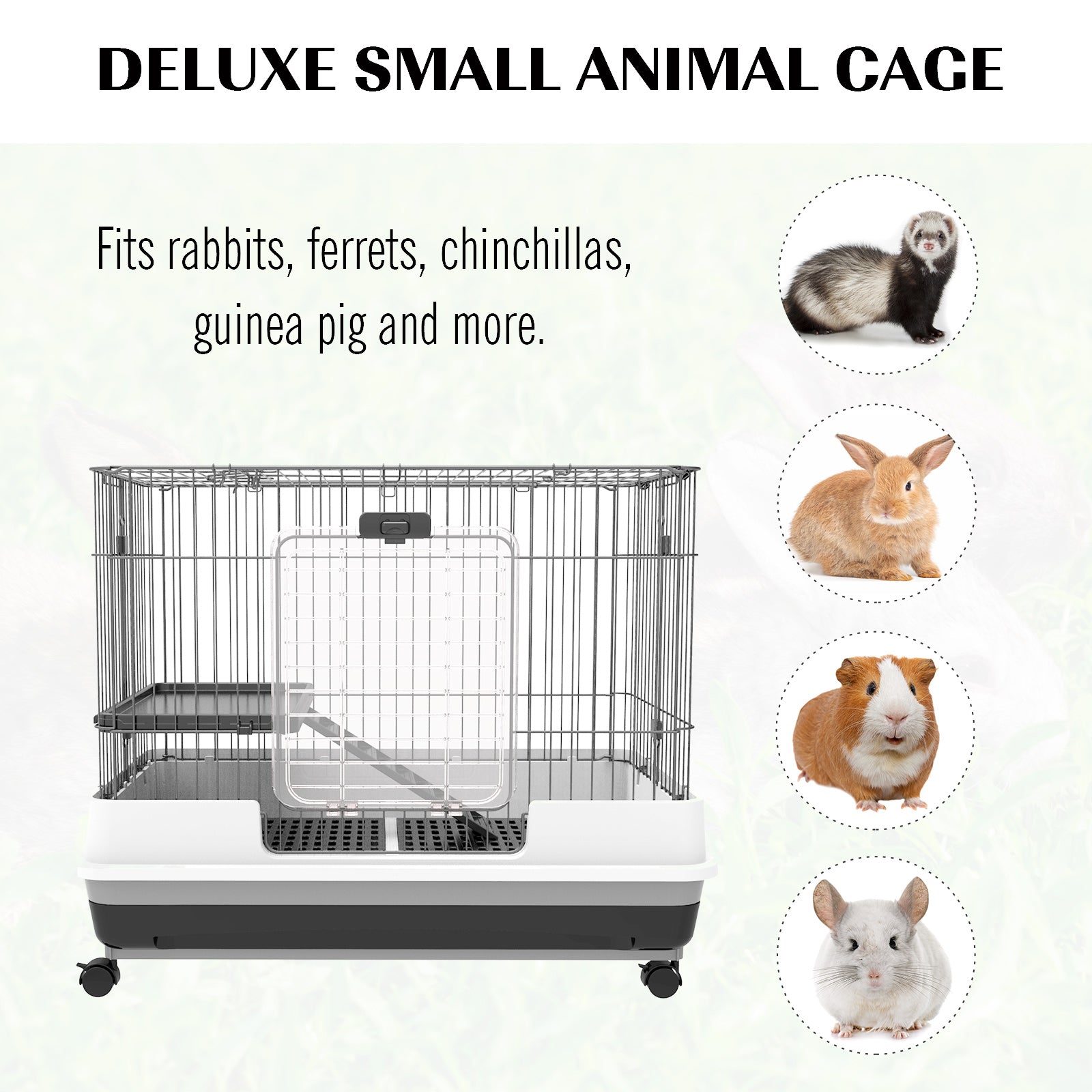 PawHut 28"H 2-Level Small Animal Cage Rabbit Hutch with Universal Lockable Wheels, Slide-Out Tray for Bunny, Chinchillas, Ferret, Black