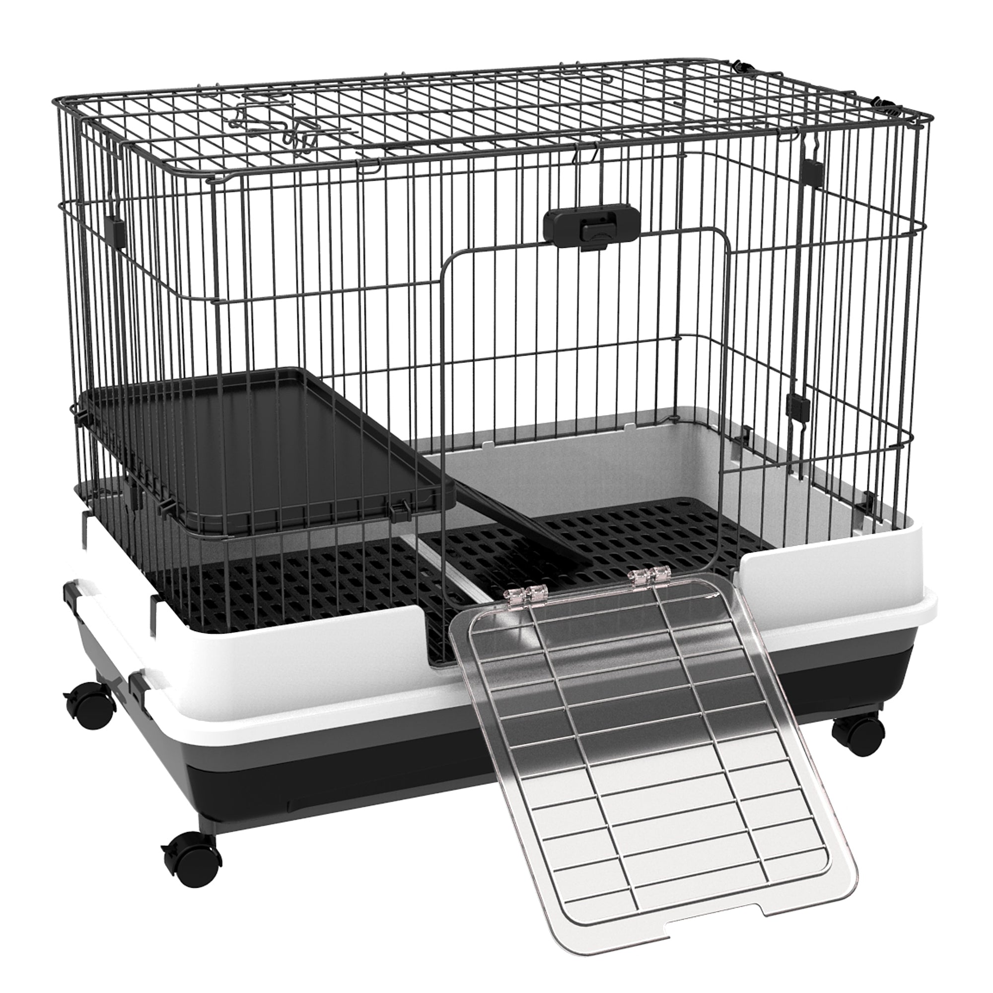 PawHut 28"H 2-Level Small Animal Cage Rabbit Hutch with Universal Lockable Wheels, Slide-Out Tray for Bunny, Chinchillas, Ferret, Black