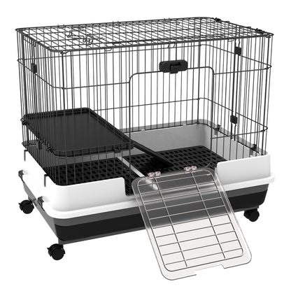 PawHut 28"H 2-Level Small Animal Cage Rabbit Hutch with Universal Lockable Wheels, Slide-Out Tray for Bunny, Chinchillas, Ferret, Black